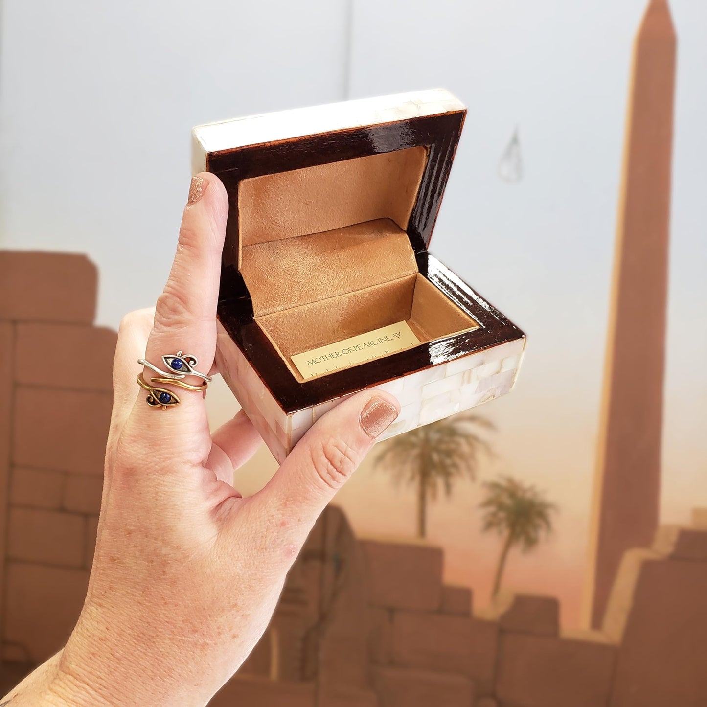 Egyptian Wooden Jewelry Box with Mother of Pearl Inlaid - White Rectangle Unique Gift Container - Arabesque Pattern Design - Velvet Lined - Made in Egypt