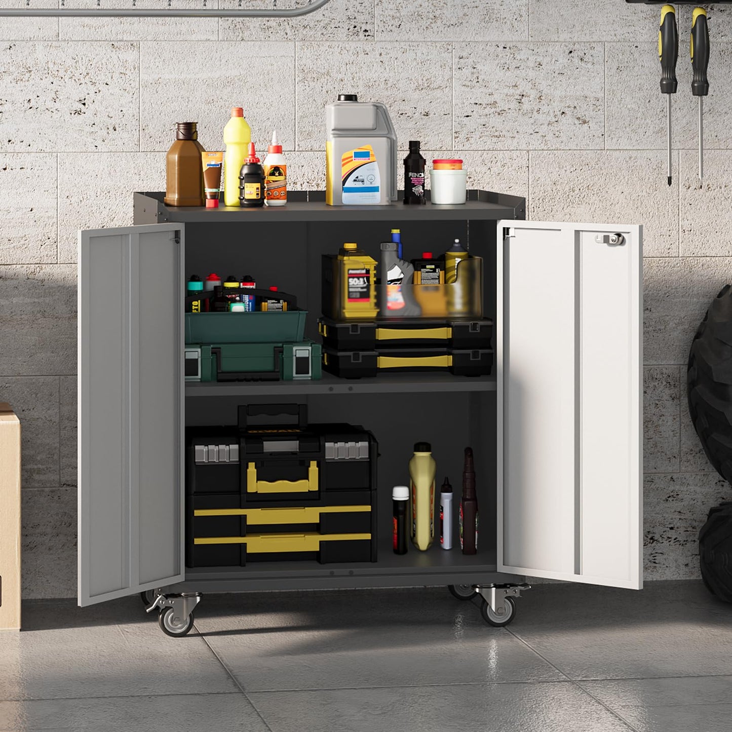 ExploreHorizon 35.43" High Heavy Duty Garage Storage Cabinet, Locking Metal Cabinet with Door, Rolling Tools Chest Cart Adjustable Shelf, Tool Cabinets for Home Office Workshop