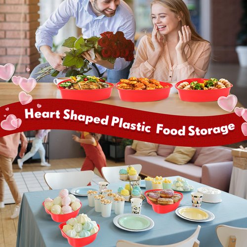 Layhit 60 Pcs Valentine's Day Heart Containers Plastic Food Storage Containers with Lids Heart Shaped Disposable Dessert Lunch Box for Kitchen Restaurant Fruit Vegetable (Red,28 oz)