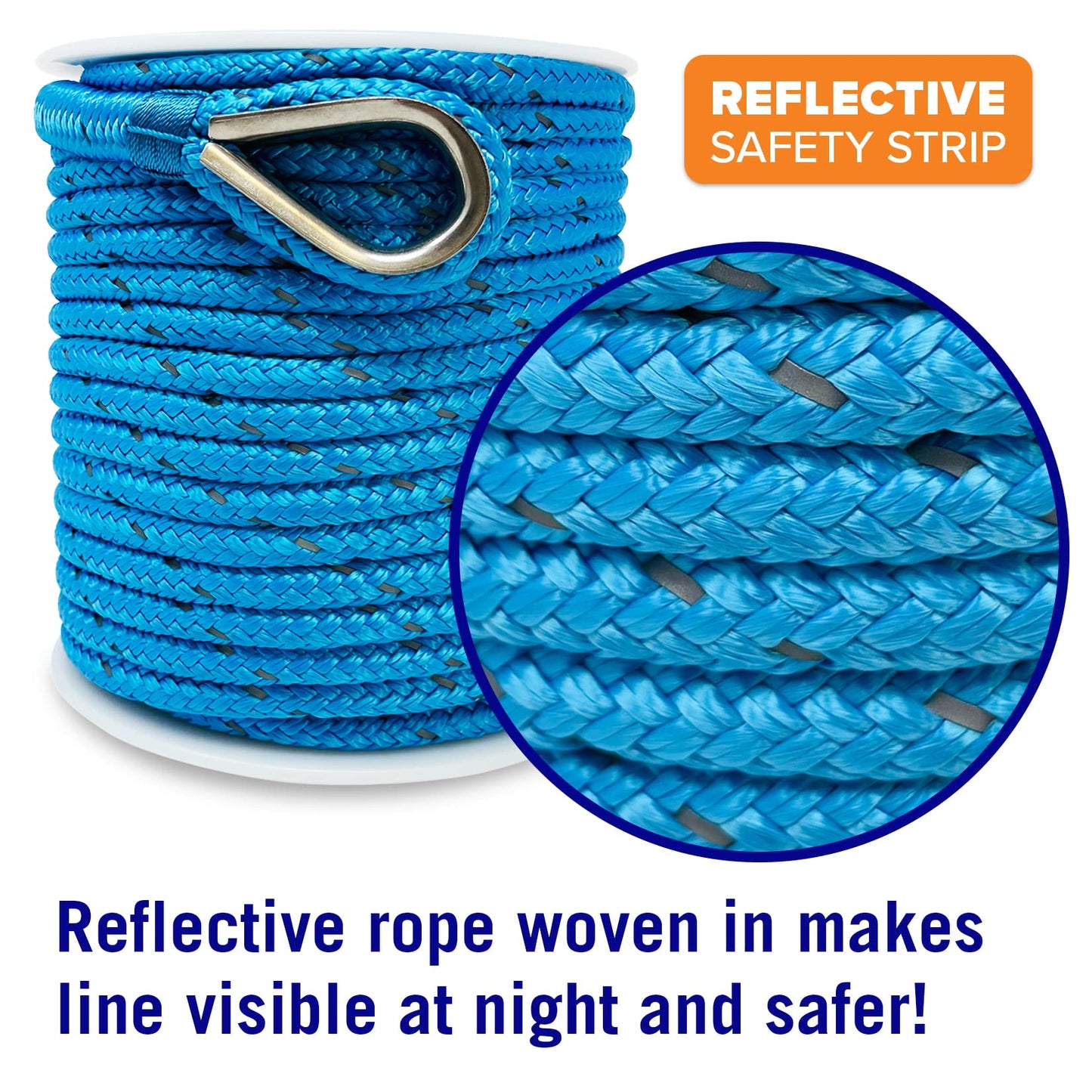 Better Boat Premium Anchor Rope, 100 Ft Double Braided White Nylon Marine Line, Reflective 3/8 Inch Reel for Anchors and Boats - Blue