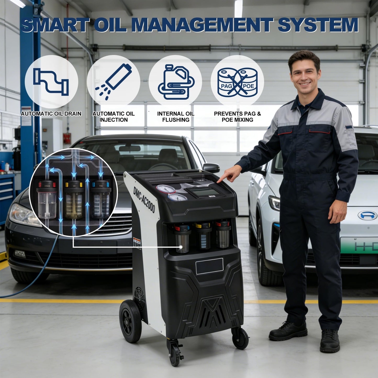 MutsMover Fully Automatic R134a or R1234yf Refrigerant Recovery Recycling and Recharge Machine, Touch Screen AC Service Unit w/Vacuum Pump, Leak Test, Oil Injection, for Automotive A/C Systems