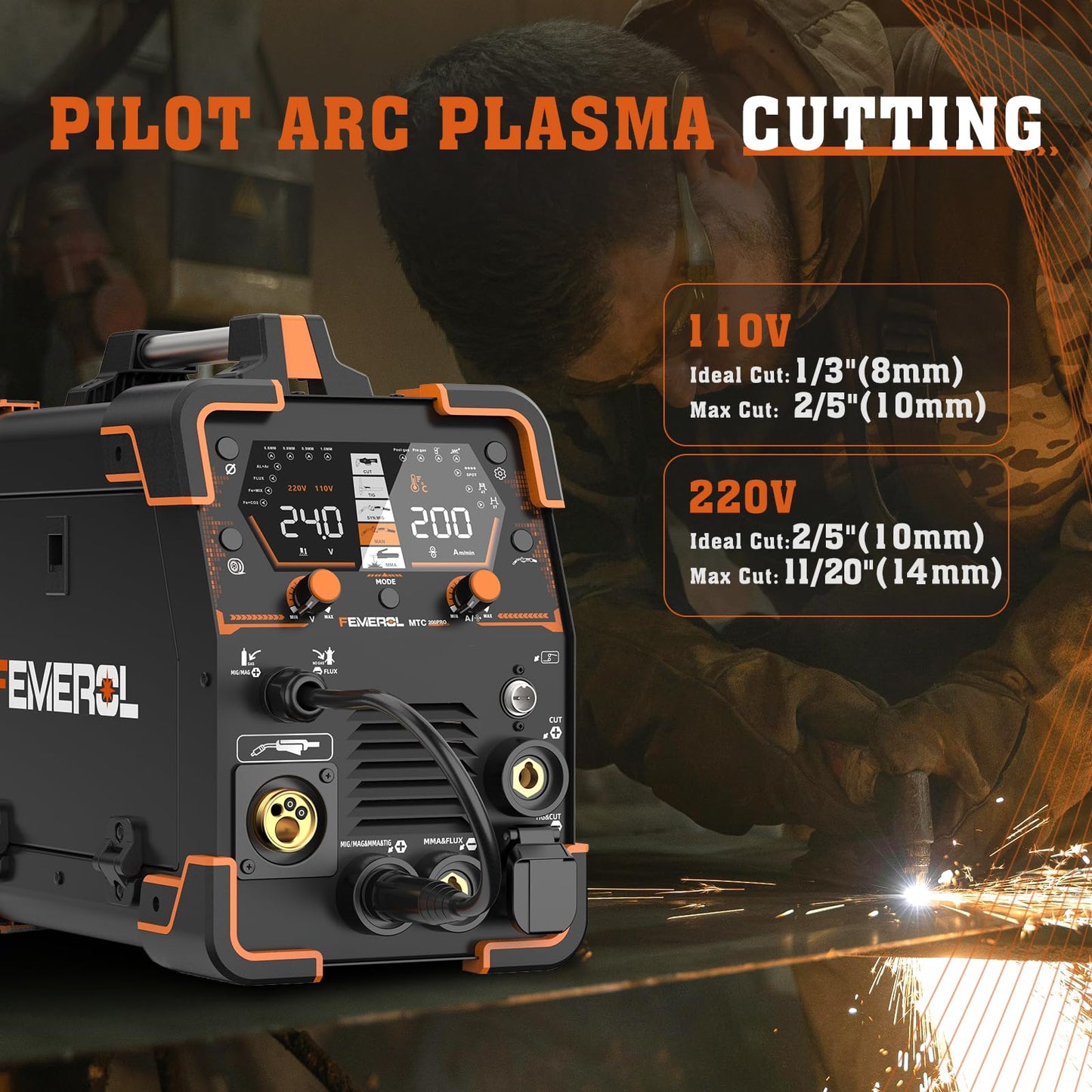 FEMEROL Plasma Cutter Welder Combo 200A Gas MIG/Gasless MIG/HF TIG/Stick/CUT/SPOT 6 in 1 Welding Machine Aluminum Welding 110/220V Dual Voltage Multi Process Welder