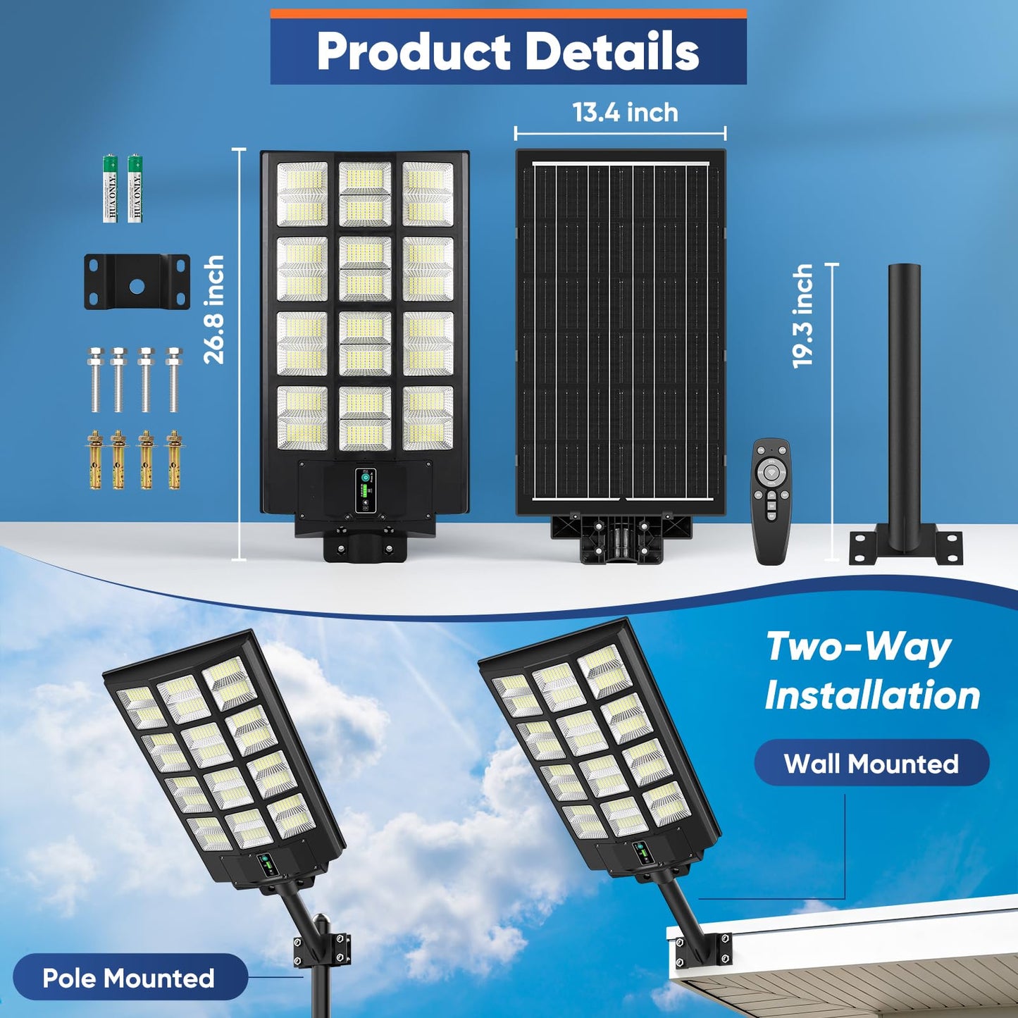 9000W Solar Street Lights Outdoor, 27" 240000LM Solar Lights Waterproof with Motion Sensor, 6500K Dusk to Dawn Commercial Lighting for Parking Lot, Security LED Flood Lights for Driveway Yard, 2-Pack