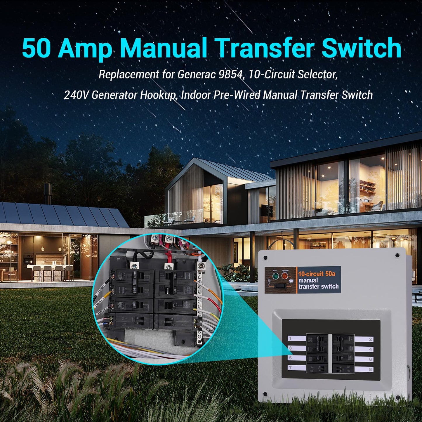50 Amp Manual Transfer Switch Replacement for Generac 9854, 10-Circuit Selector, 240V Generator Hookup, Indoor Pre-Wired Manual Transfer Switch