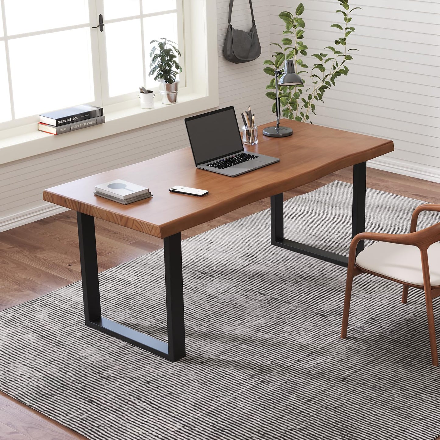 KunAndPeng Solid Wood Office Desk, 47.24" Tan Executive Computer Desk with Heavy-Duty Metal Base, Multi-Purpose Desk/Dining Table, Ideal for Home Office & Work Environments