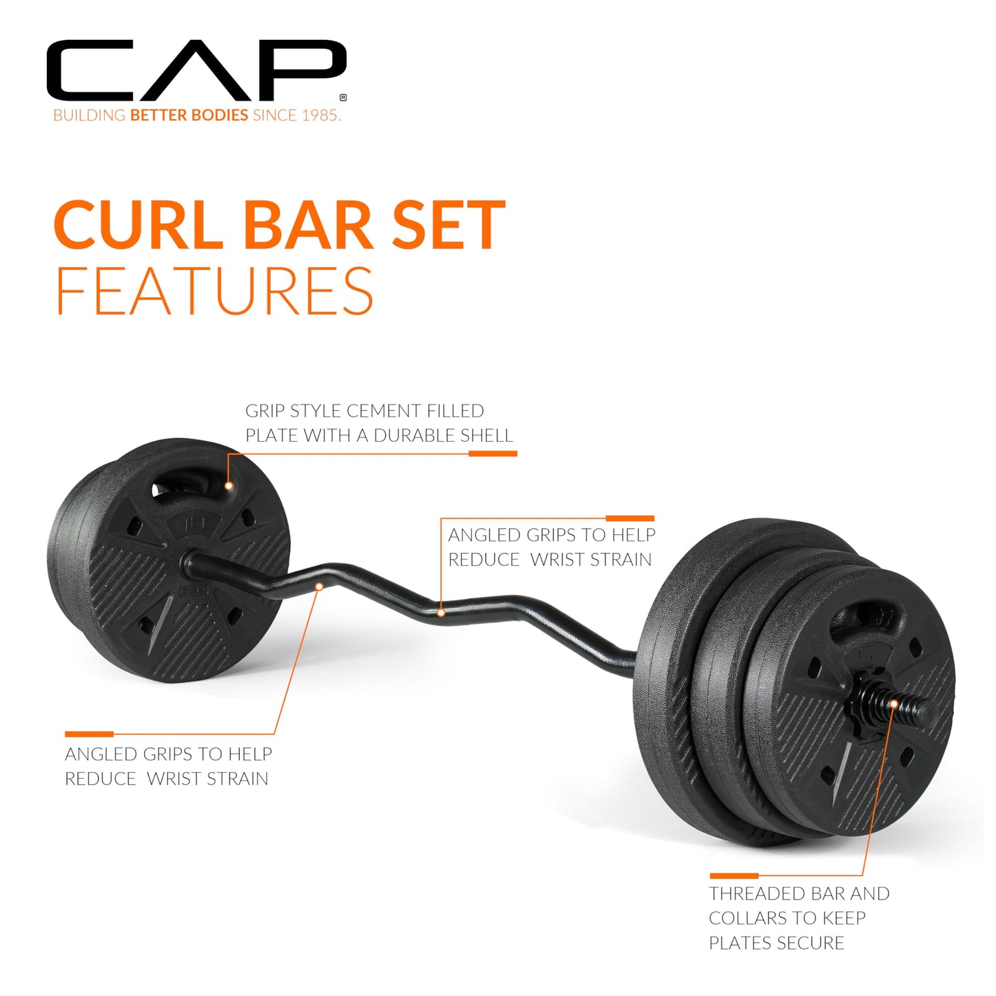CAP Barbell Threaded Curl Bar Set with 50 LB Cement Grip Weight Plates | EZ Curl Bar with Threaded Collars for Strength Training & Home Gym Workouts