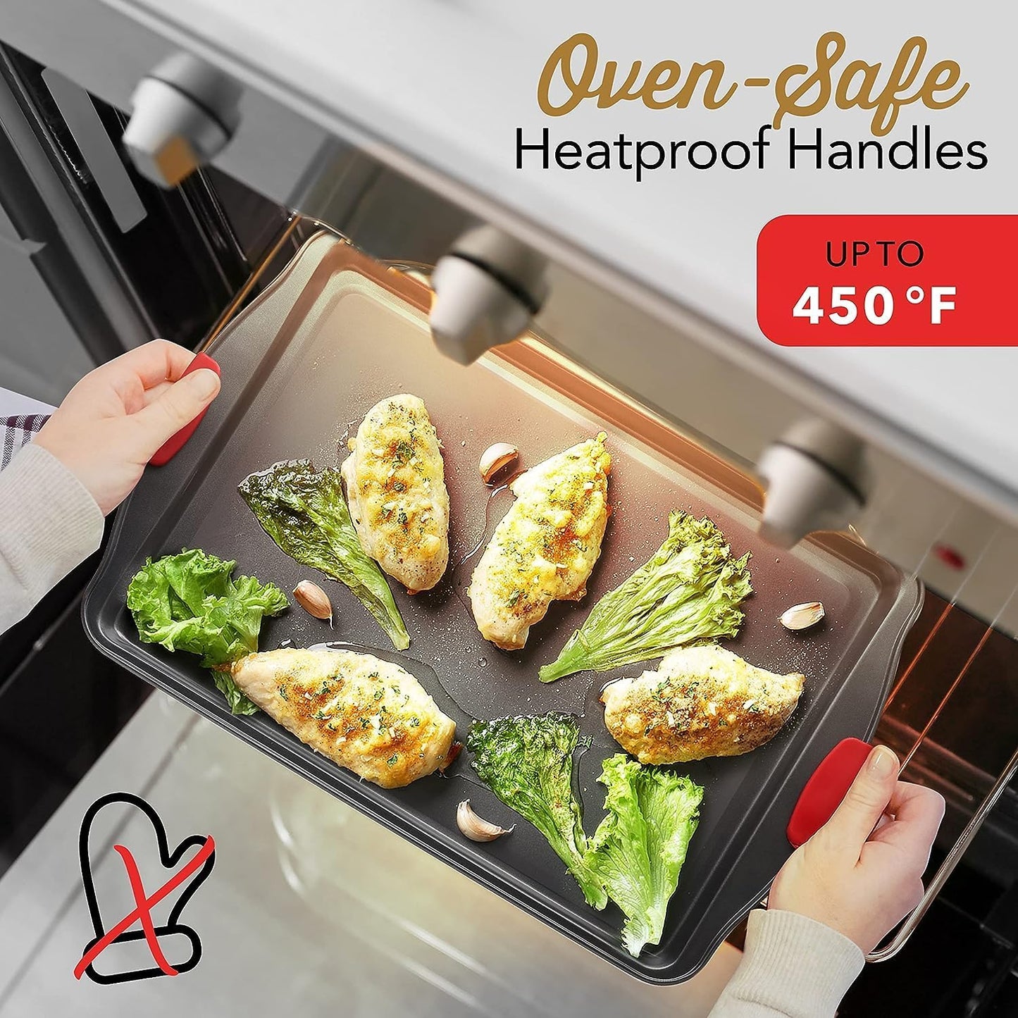Skiennix Baking Sheet Set - 2-Piece Nonstick Cookie Sheets with Silicone Handles | BPA-Free Steel Pans
