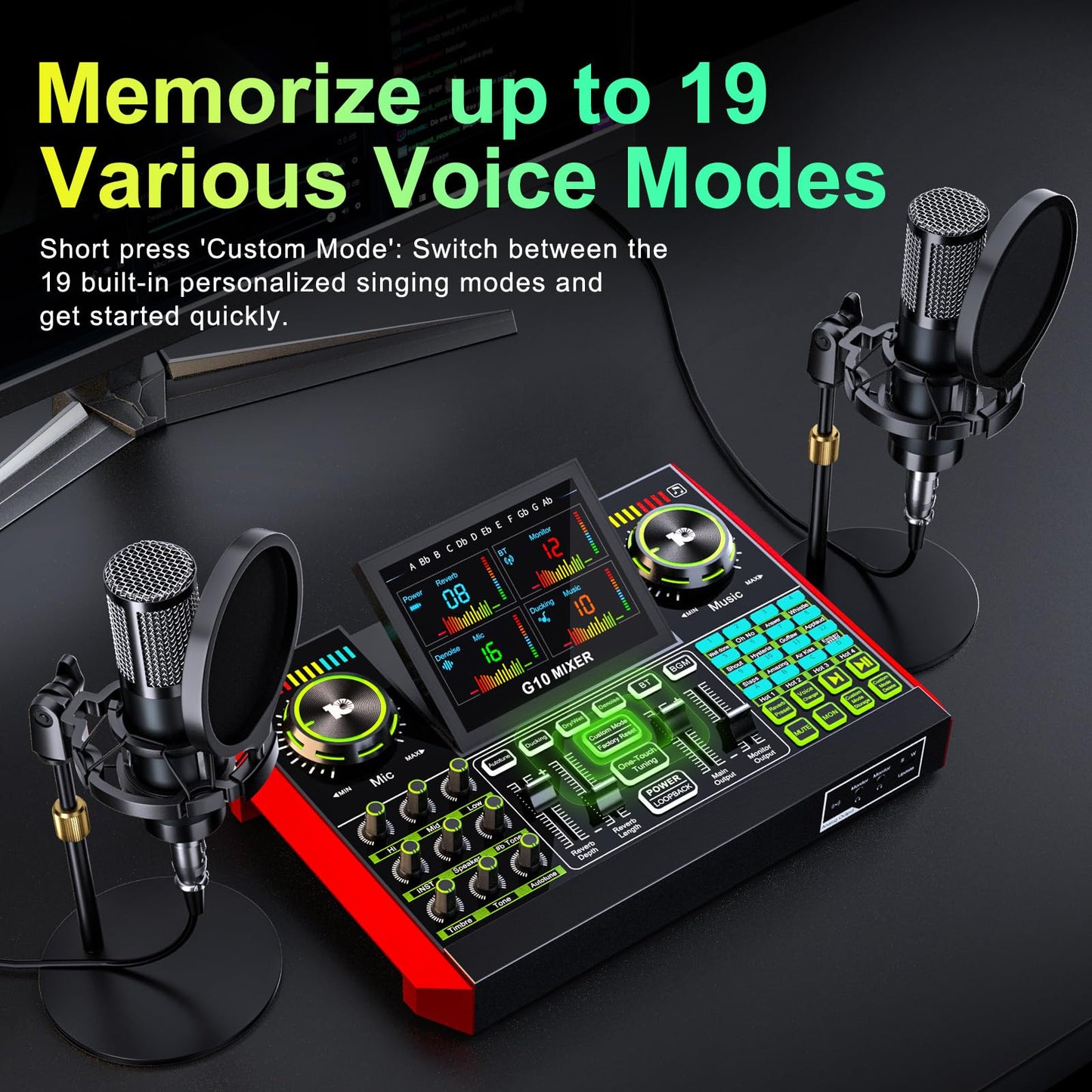 tenlamp G10 Dual Microphone Podcast Equipment Bundle with Live Sound Board Audio Mixer - Two Condenser Mics, Voice Changer, Noise Reduction, for PC/Phone Streaming, Gaming, Singing, Podcast