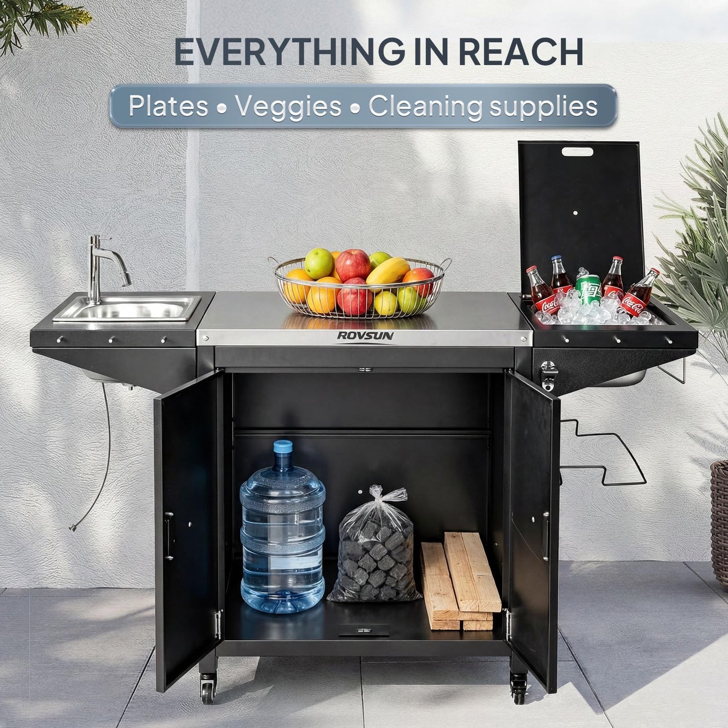 ROVSUN Outdoor Grill Cart with Sink, 304 Stainless Steel Sink with Chilly Bin Cooler, Rolling Kitchen Prep Island with Cabinet, Bottle Opener, Rubbish Rack, Patio, Gardens, Backyards