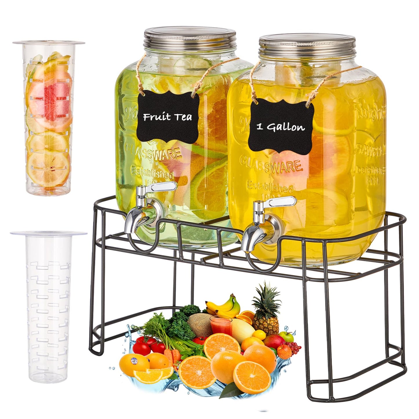 1 Gallon Glass Drink Dispensers for Parties, 2PACK Beverage Dispenser with Stand, Fruit Infuser and Stainless Steel Spigot 100% Leakproof, Beverage Dispenser for Lemonade Sun Tea