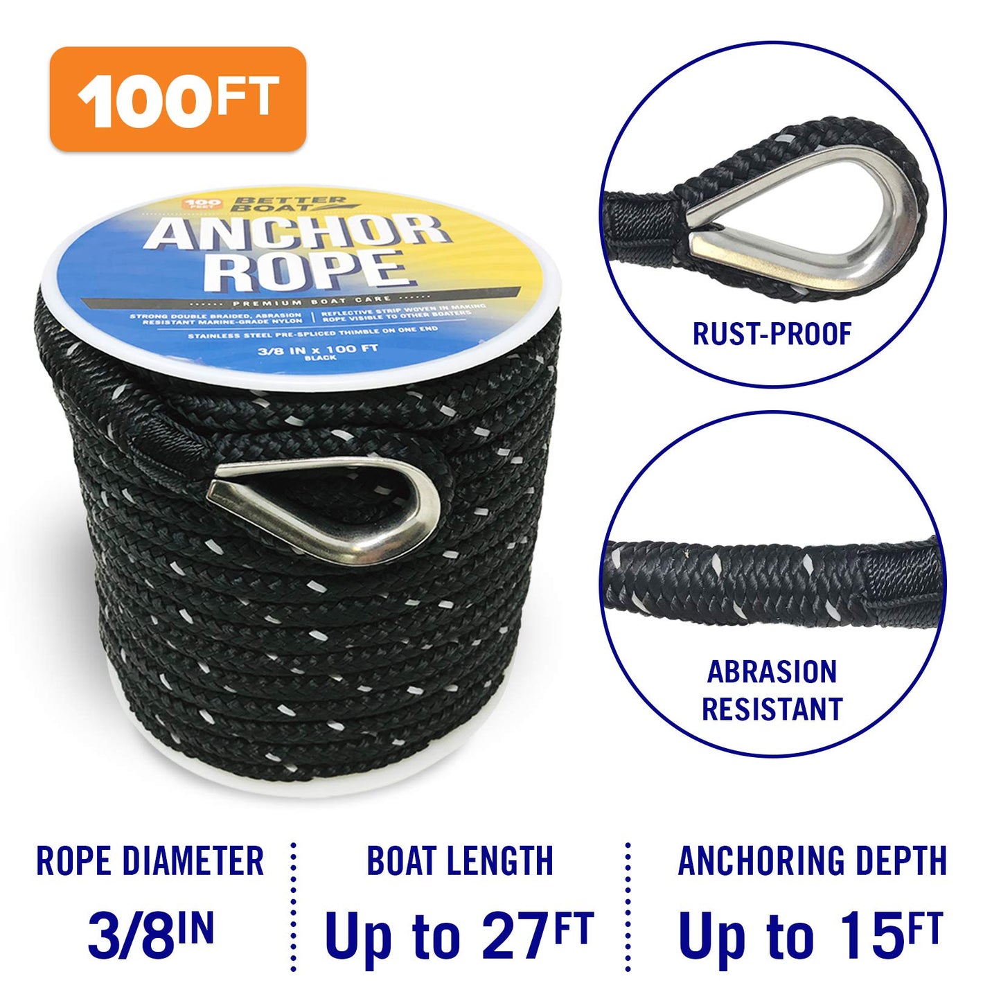 Better Boat Premium Anchor Rope, 100 Ft Double Braided White Nylon Marine Line, Reflective 3/8 Inch Reel for Anchors and Boats - Black