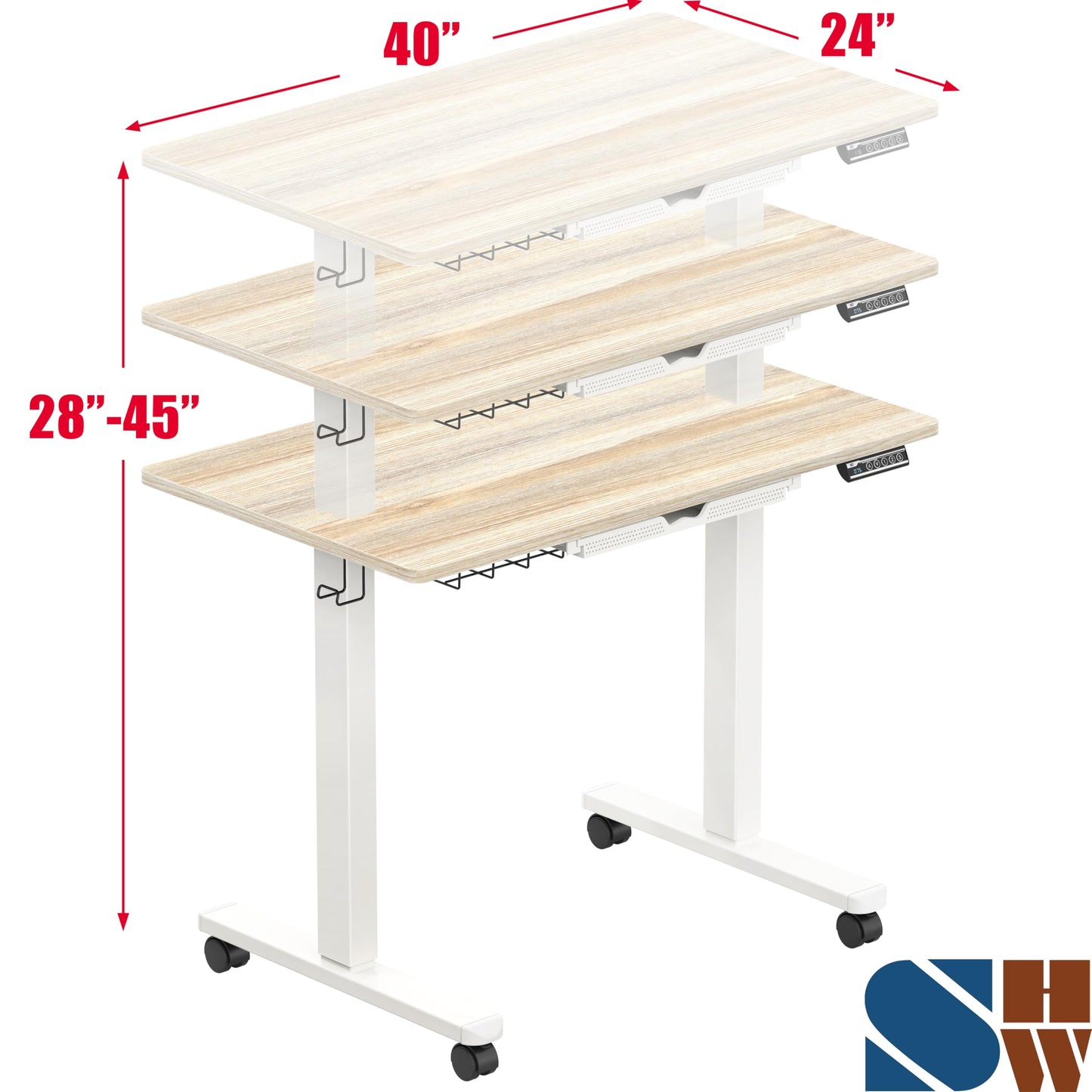 SHW 40-Inch Mobile Electric Height Adjustable Sit to Stand Desk with Drawer, Hanging Hooks and Cable Management, Maple