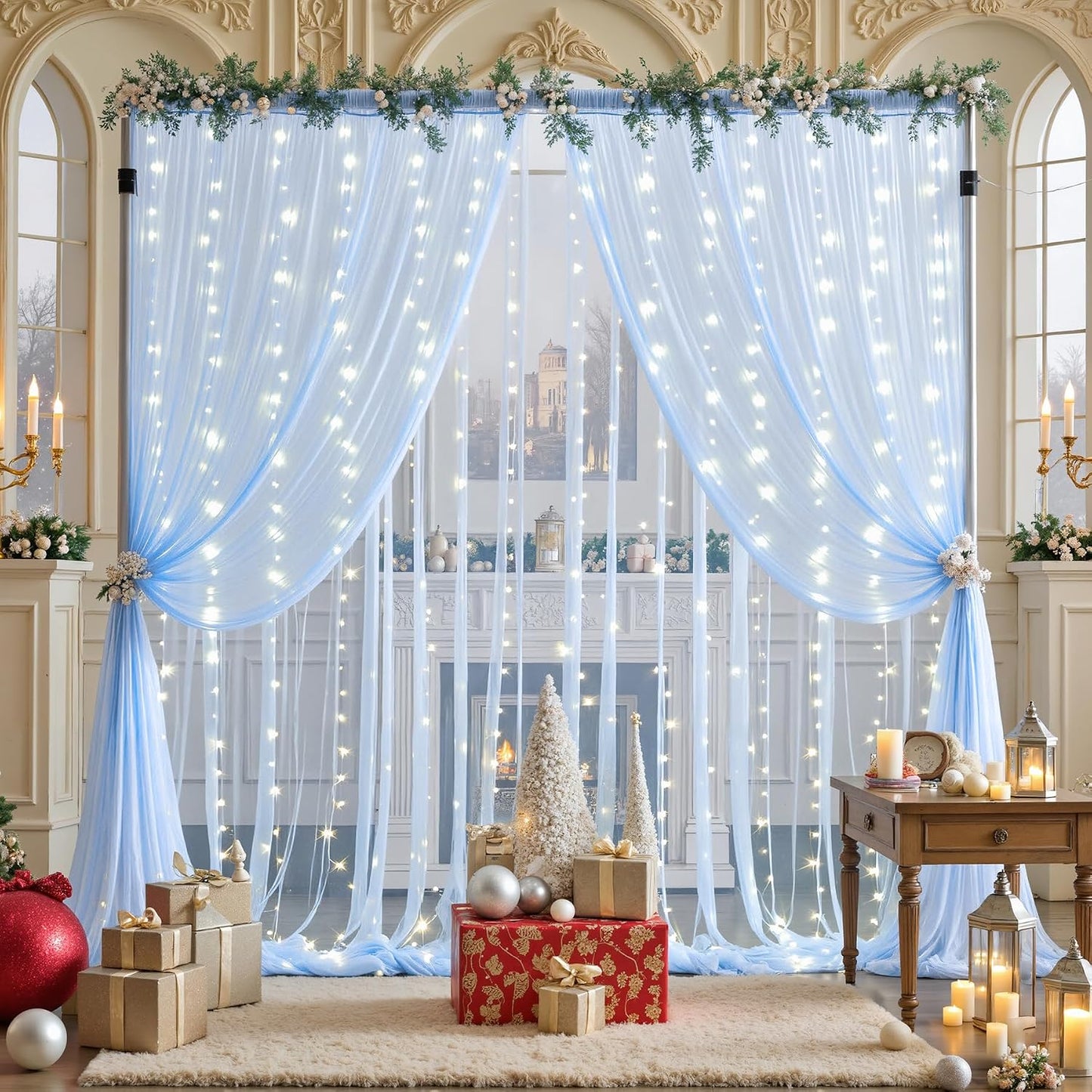 Suppromo 10ft 10ft x Baby Blue Tulle Photo Backdrop Curtain with Lights String for Parties Wedding Sheer Blue Curtain