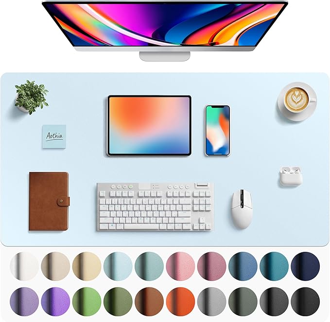 Aothia Faux Leather Desk Mat - Large Mouse Pad, Non-Slip PU Leather Blotter, Waterproof Writing Surface for Office and Home (Baby Blue, 40" x 24")