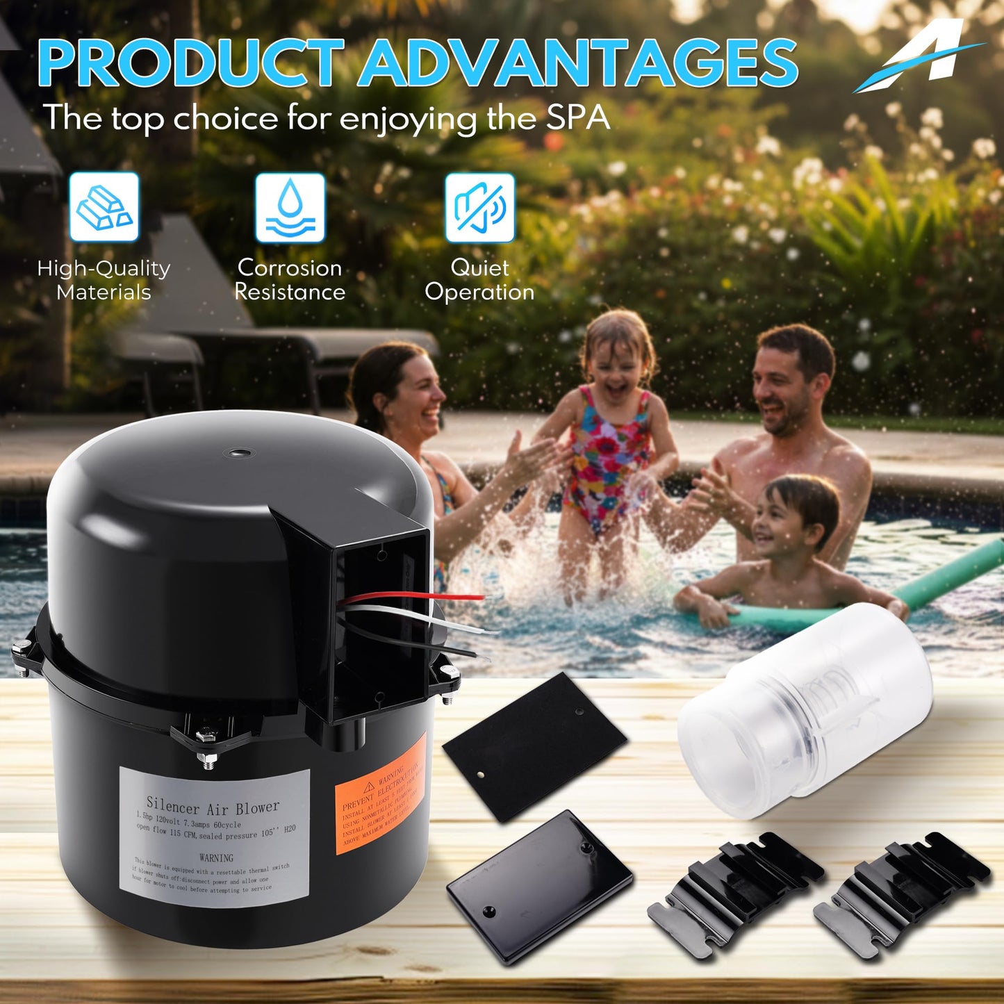 A-Outsanding 6315141 Silencer Spa Blower 1.5HP Blower Fit Pool and Spas 1.5HP 120V 7.3A; for use with 2 inch Plumbing.