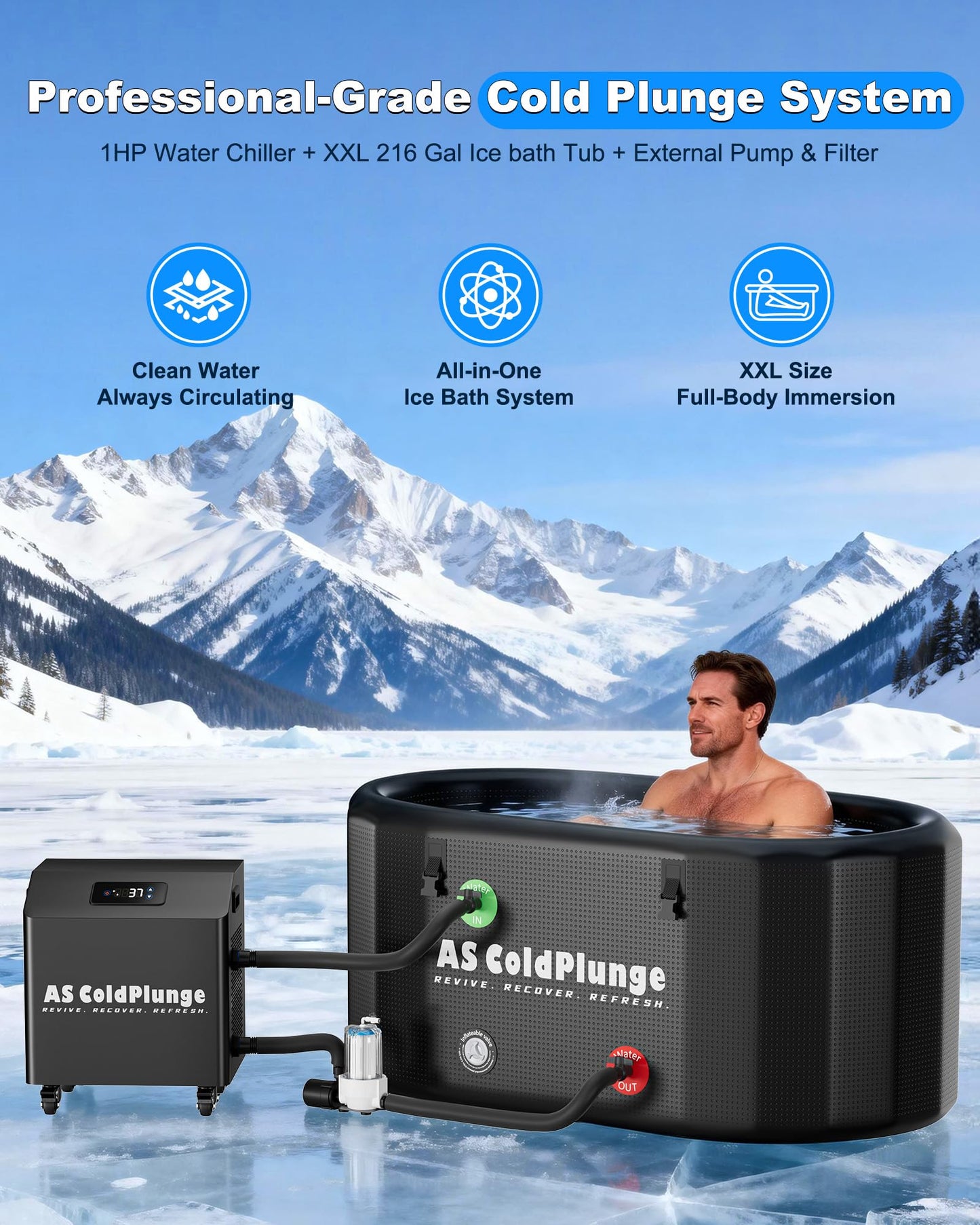 AS ColdPlunge 1HP Ice Bath Chiller & Cold Plunge Tub Bundle, 216 Gal Insulated Ice Bath Tub, External Pump & Filtration, Cold Plunge Tub with Water Chiller for Cold Therapy Recovery Indoor & Outdoor