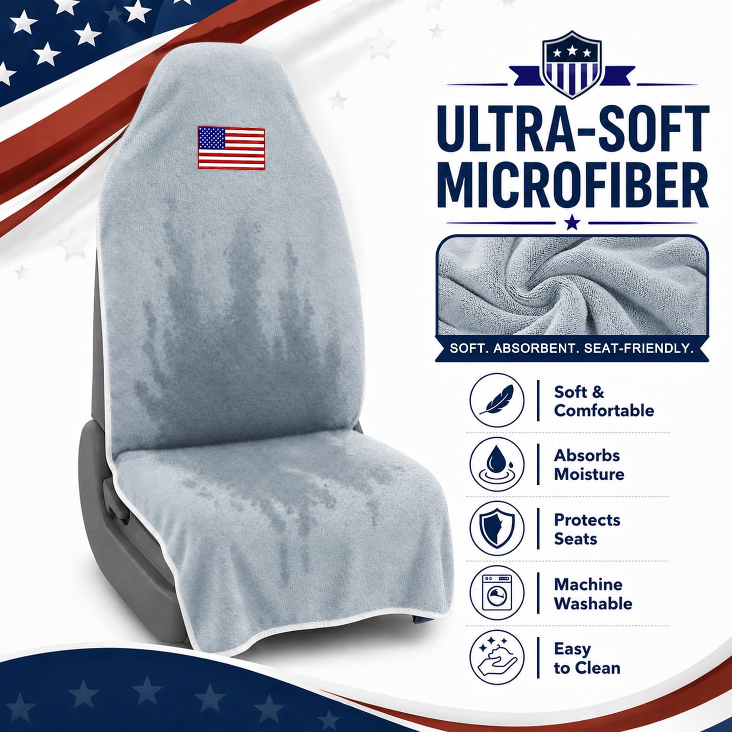 CORTHENA Car Seat Towel Cover (2-Pack), Sweat-Proof & Absorbent Microfiber Seat Protector for Gym, Workout & Beach, Universal Fit for Most Cars, SUVs & Trucks, 59"x29", Silver Gray Flag