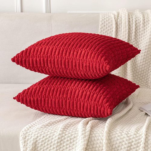MIULEE Red Corduroy Decorative Pillow Covers - Soft Boho Striped 16x16 Inch for Modern Farmhouse Decor