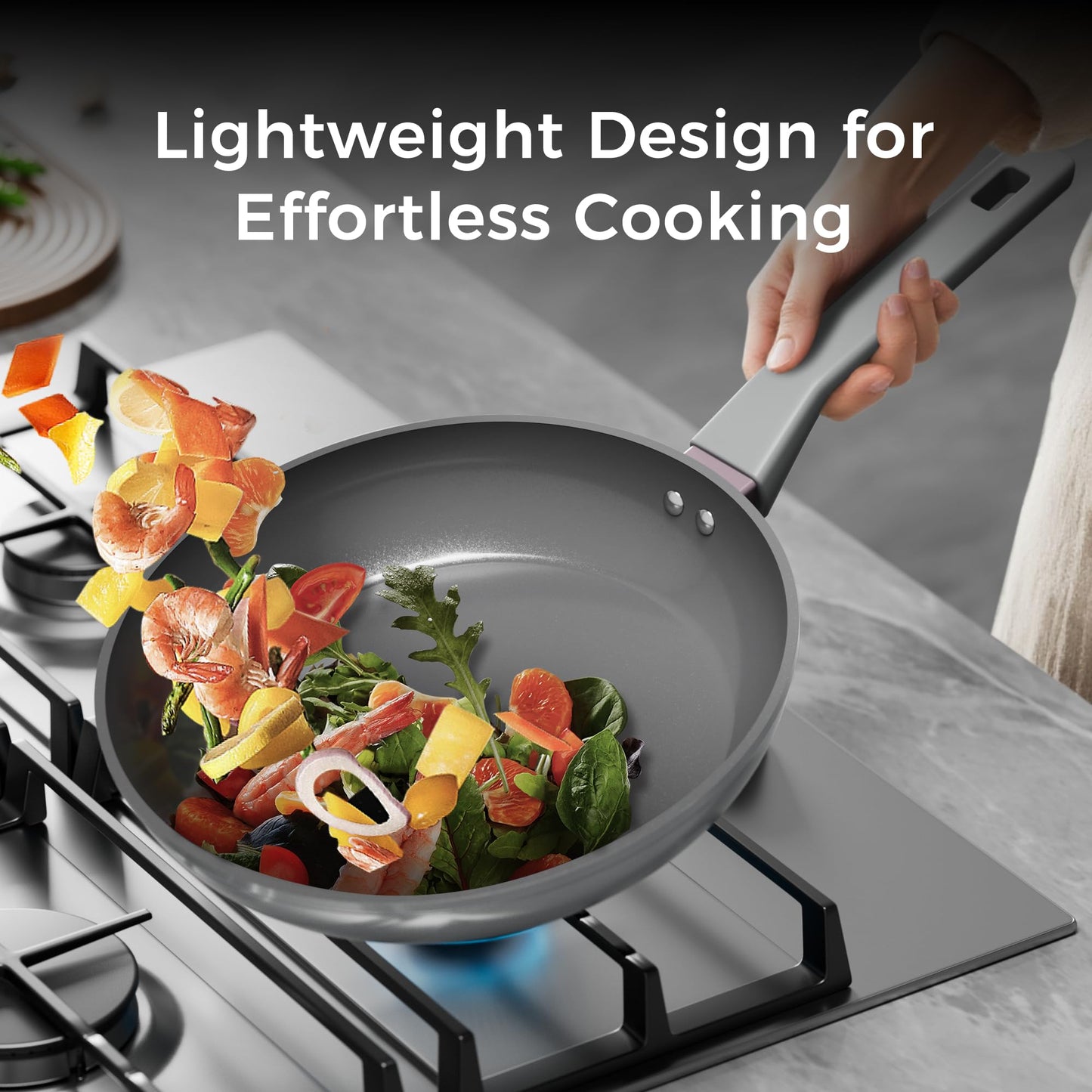 Sanho Diamond-Titanium Ceramic Nonstick Fry Pan Set, 10in & 12in Frying Pans, PFAS PFOA PTFE Free, Dishwasher Safe & Induction Compatible Cookware with Cool-Touch Handle, Gray