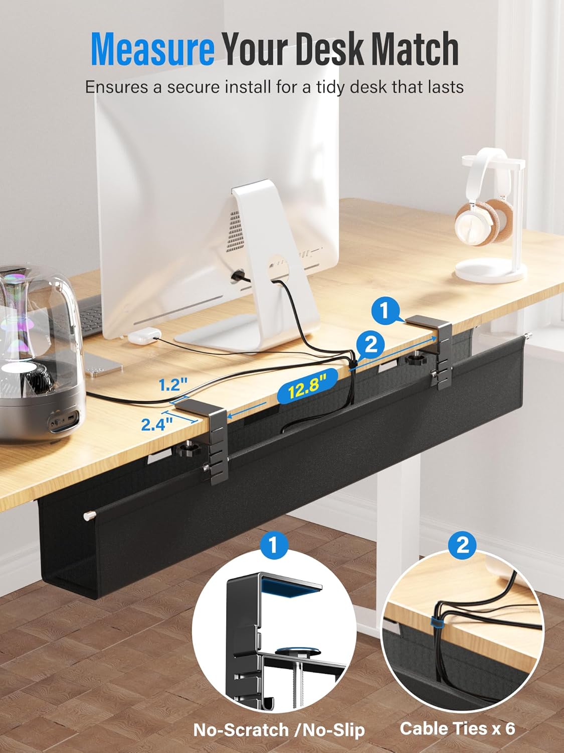 Cinati 28.4" 30lbs [Upgraded] Large Under Desk Cable Management Tray, Cable Management Under Desk No Drill, Fabric Cord