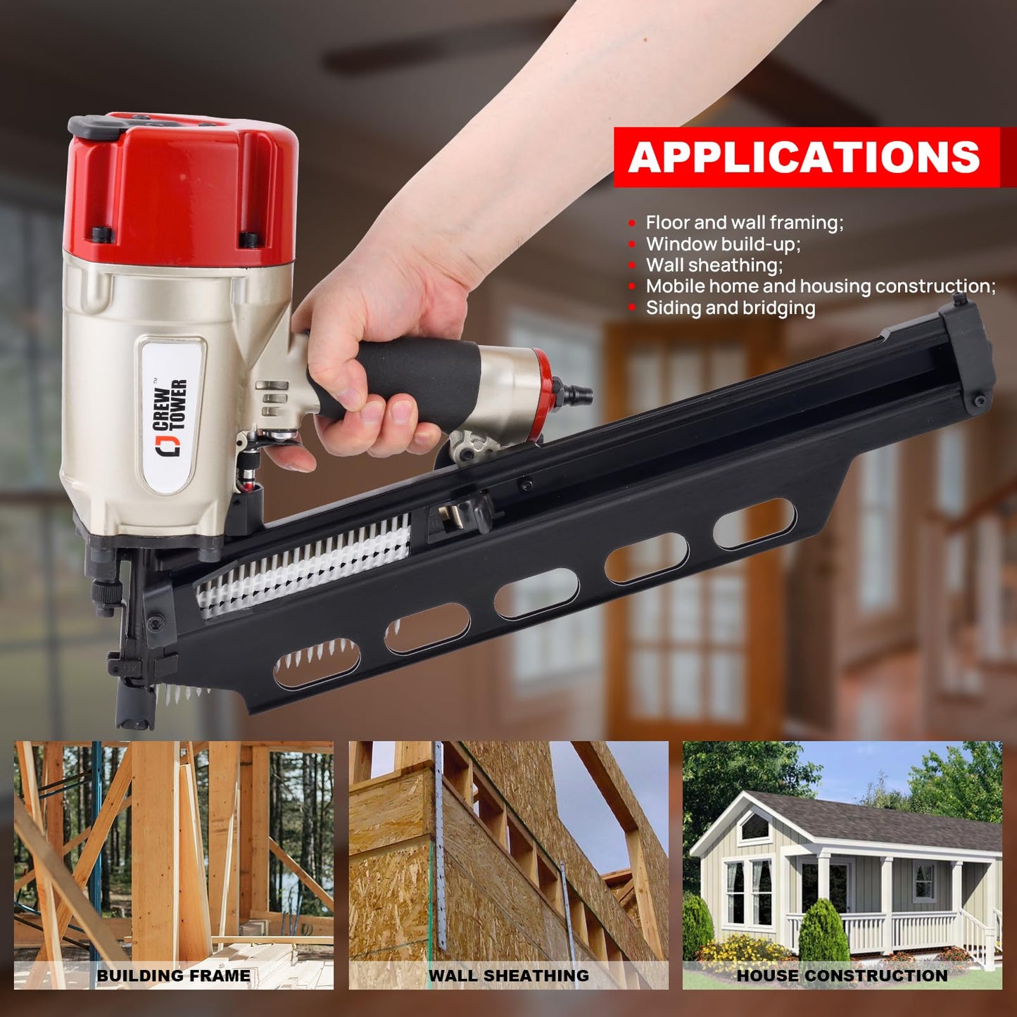 CREWTOWER 21 Degree Framing Nailer for Contractors - Pneumatic Nail Gun 2 Inch to 3-1/4 Inch for Framing, Sheathing and Roofing - Lightweight 8.6 lbs with Tool-Free Depth Adjustment - SRN9021