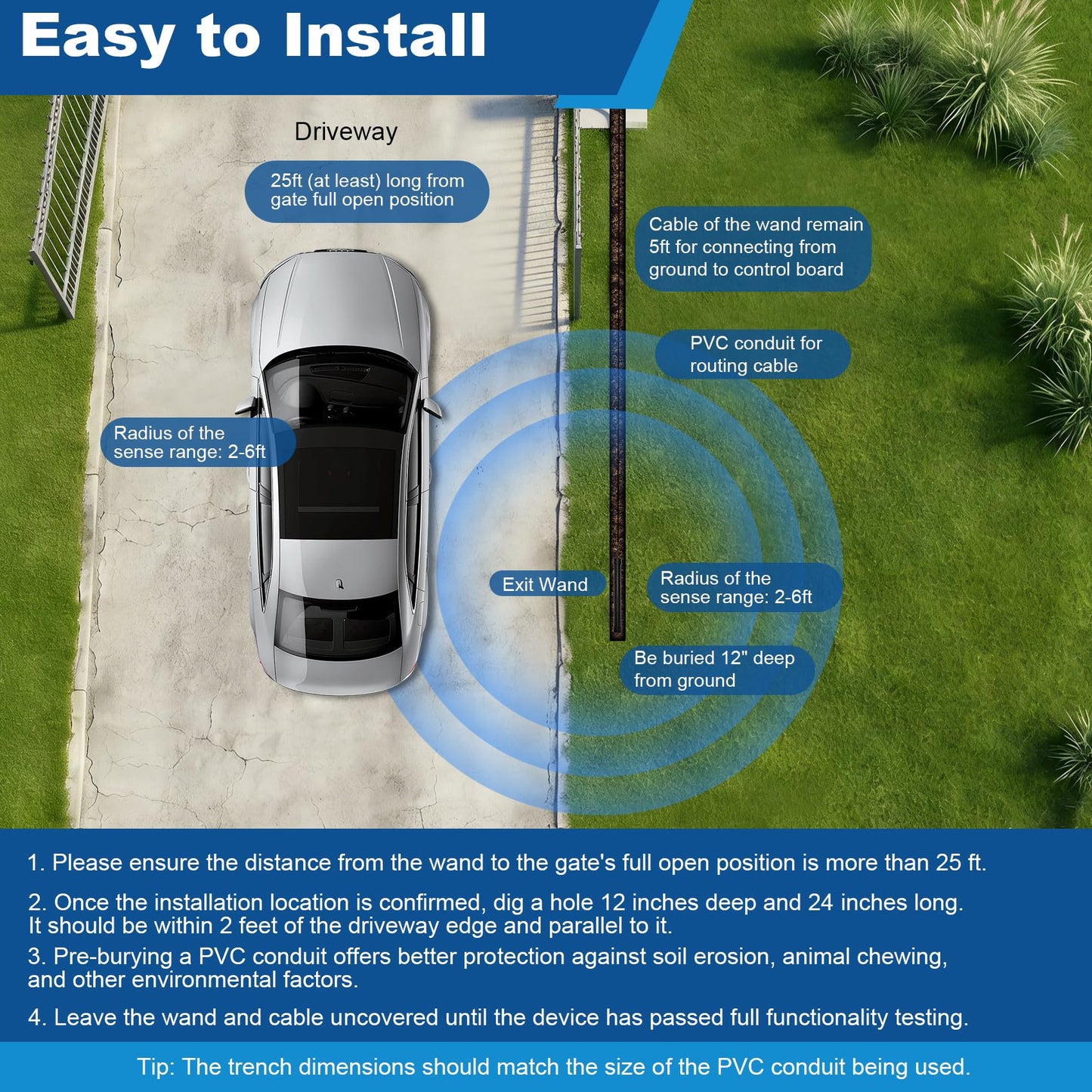 Vehicle Exit Sensor for Automatic Gate Opener with 100 ft Cable, Compatible with Mighty Mule, Ghost Controls, LiftMaster Vehicle Door Opening Systems