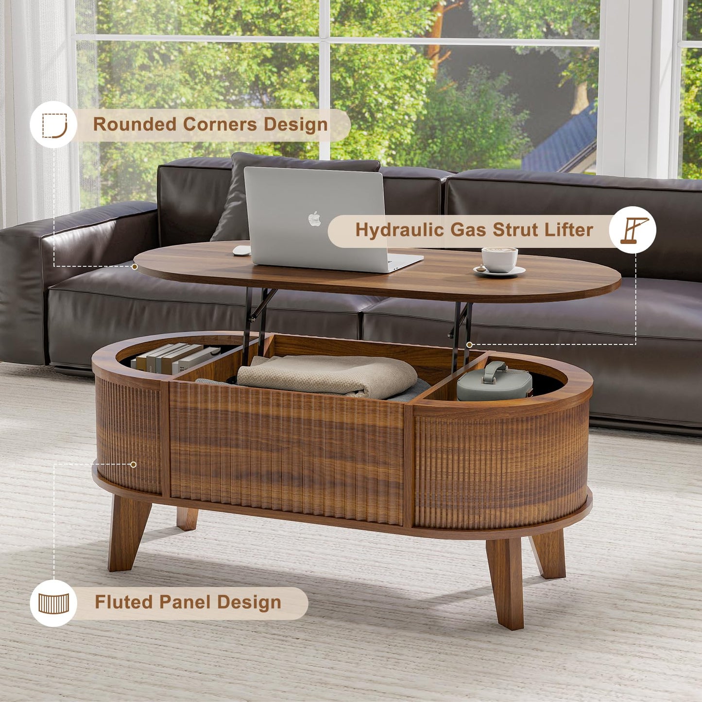 LYNCOHOME Fluted Lift Top Coffee Table with Storage,Modern Oval Coffee Table for Living Room or Home Office（Walnut）