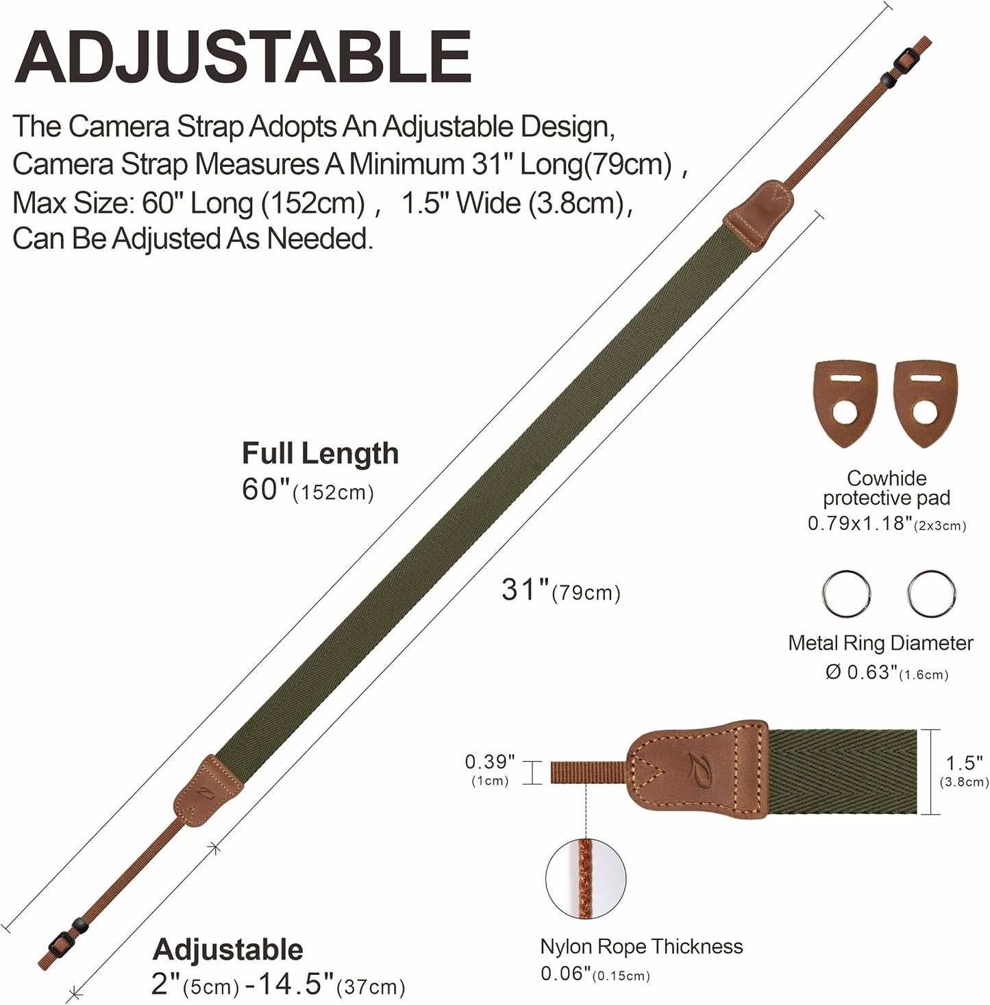 Ends,1.5"Wide Olive Green Camera Strap,Double Layer top-grain Cowhide Pure Cotton Woven Camera Strap,Adjustable