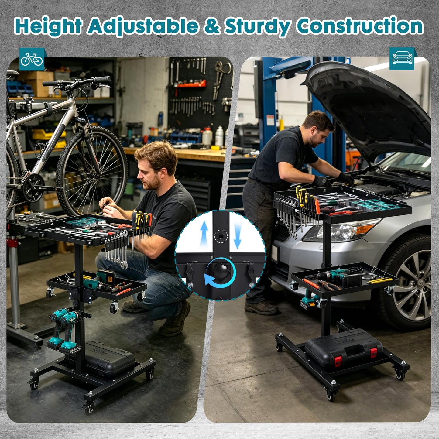 OLBRUS Rolling Work Table Adjustable Height - 3-Tier Removable Tool Cart with Wheels, Portable Mechanic Organizer with Drill Storage & Lockable Casters for Garage, Workshop, Bicycle Repair