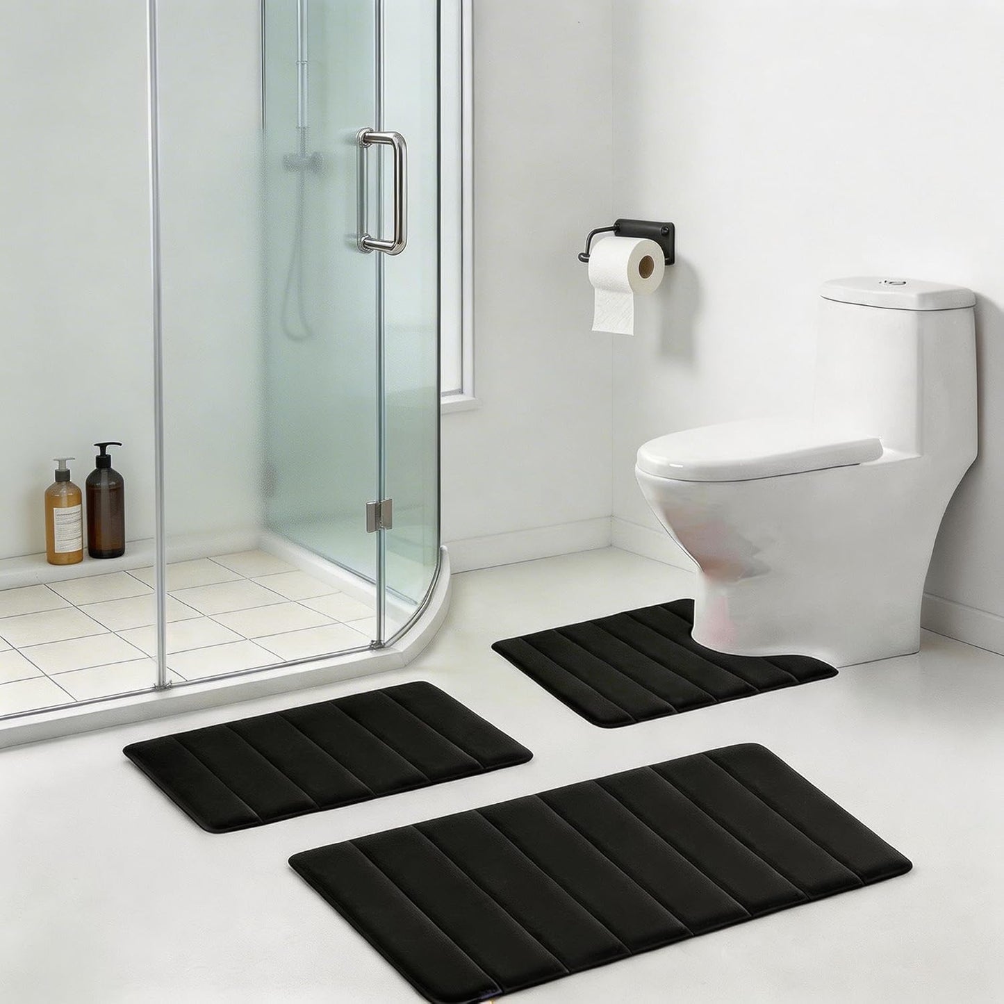Skiennix Memory Foam Bath Rugs Set - Non-Slip, Washable, Super Soft 3-Piece Black Bathroom Mats