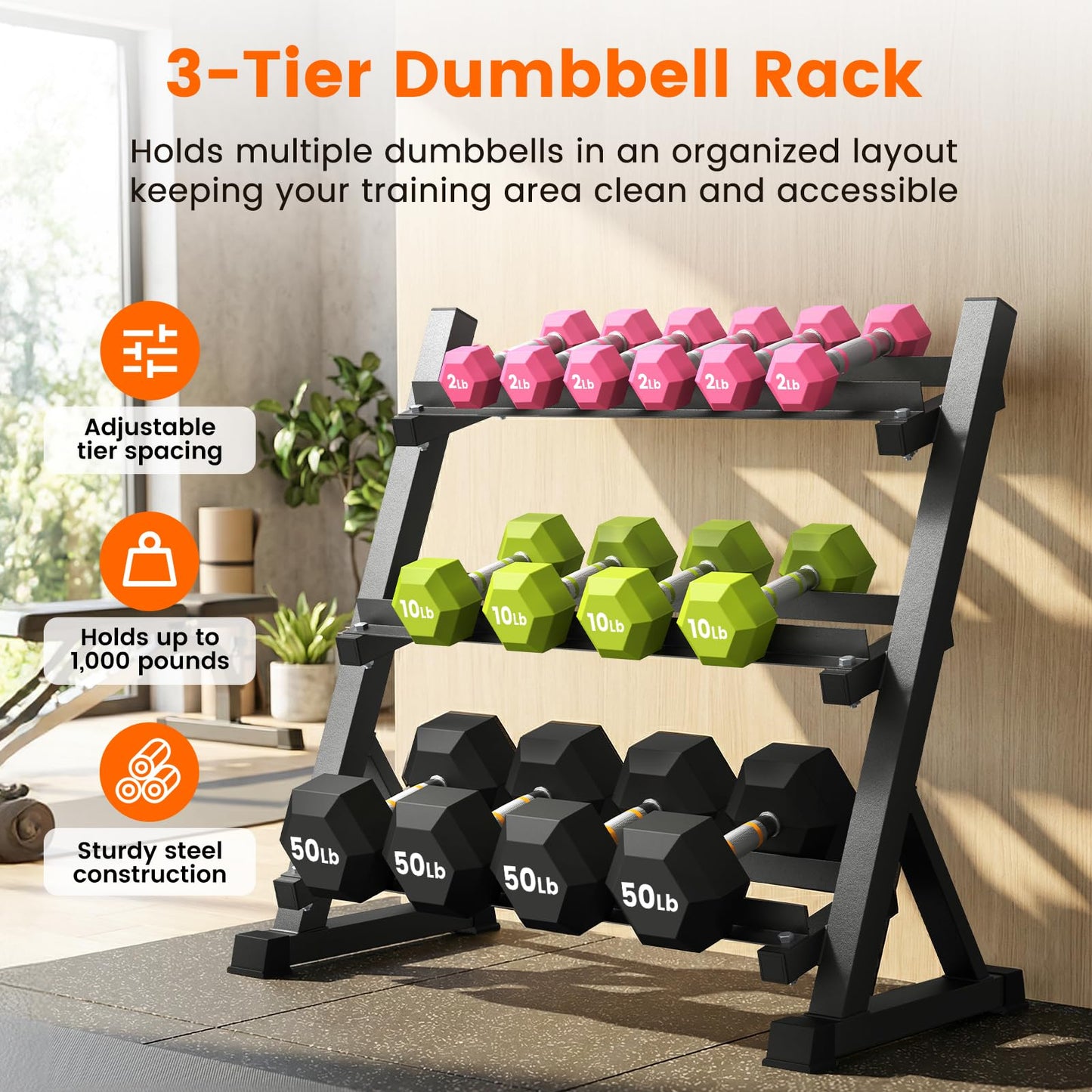 Dumbbell Rack, 3-Tier Dumbbell Weight Rack for Home Gym, Dumbbell Set for Dumbbell Kettlebell Barbell, Heavy Duty Weight Storage Organizer, Dumbbell Rack Stand Only