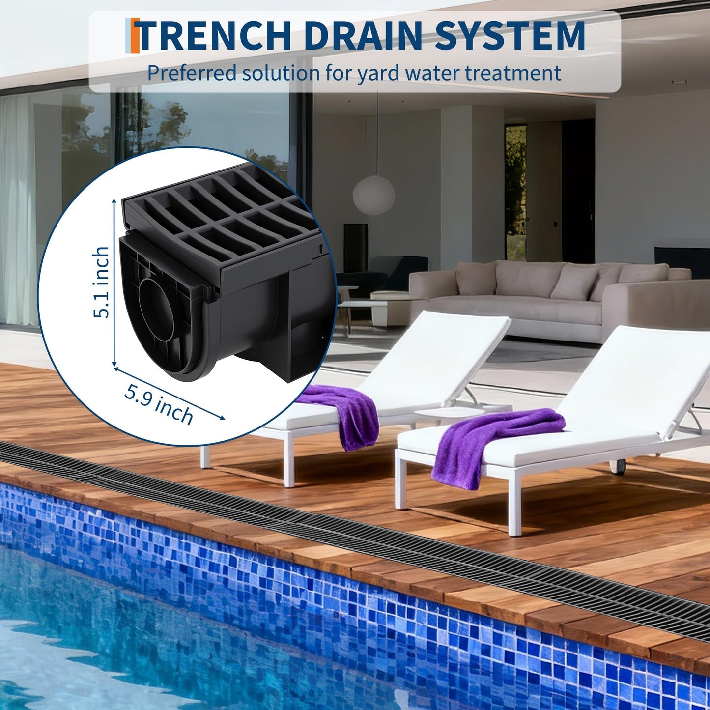 GarveeTech 5-Pack 39.4" l Channel Drain System with Plastic Grate, Heavy-Duty HDPE Trench Drain for Driveway, Landscape, Patio, Pool, Yard & Roof Runoff | 5.9" w x 5.1" h | Weather-Resistant