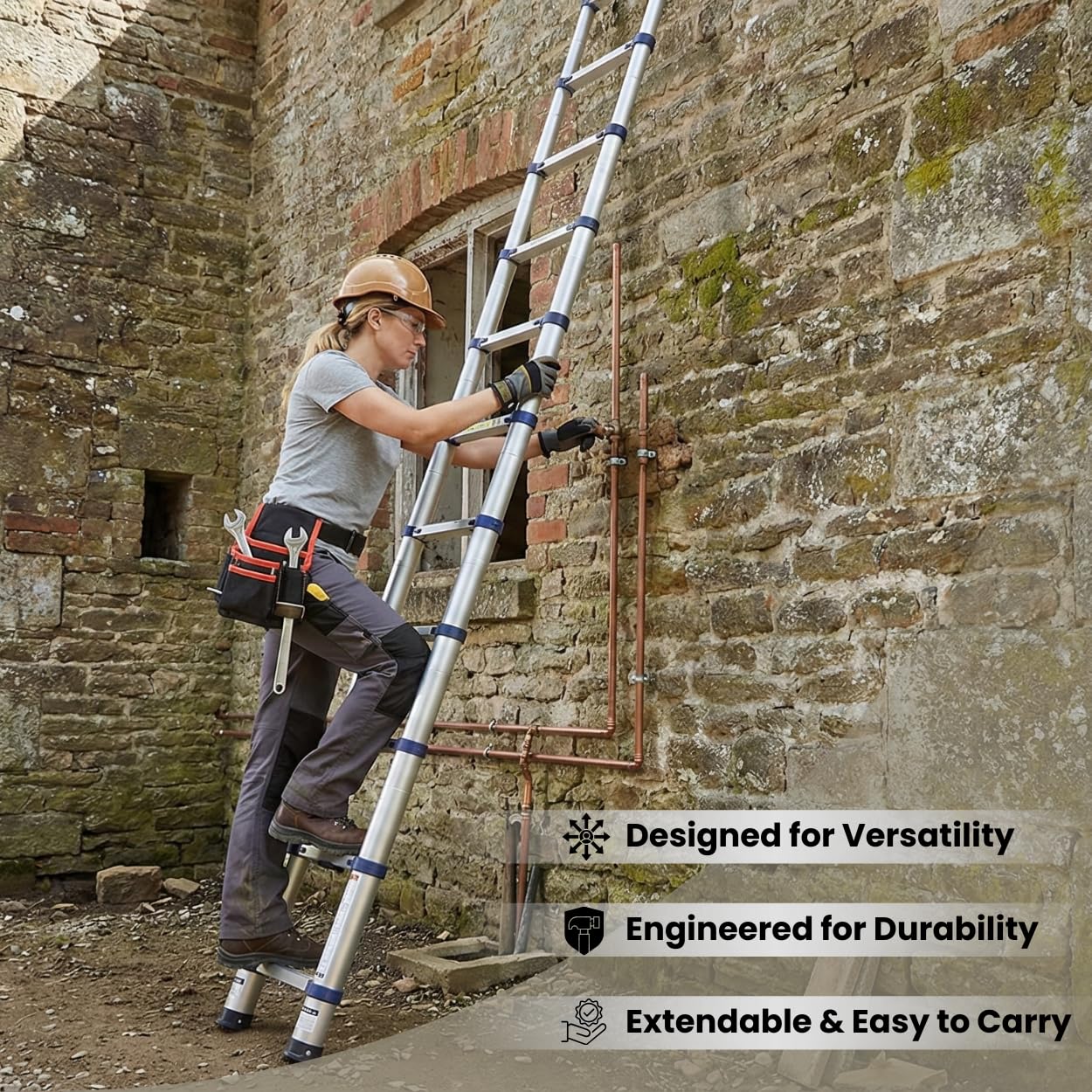 Xtend & Climb Telescoping Ladder 15.5 FT 785P+ | Professional Aluminum Extension Ladder | Heavy Duty Telescopic Ladder with Over-Molded Feet | 250 lbs Load | Portable & Compact - Includes Fiber Cloth