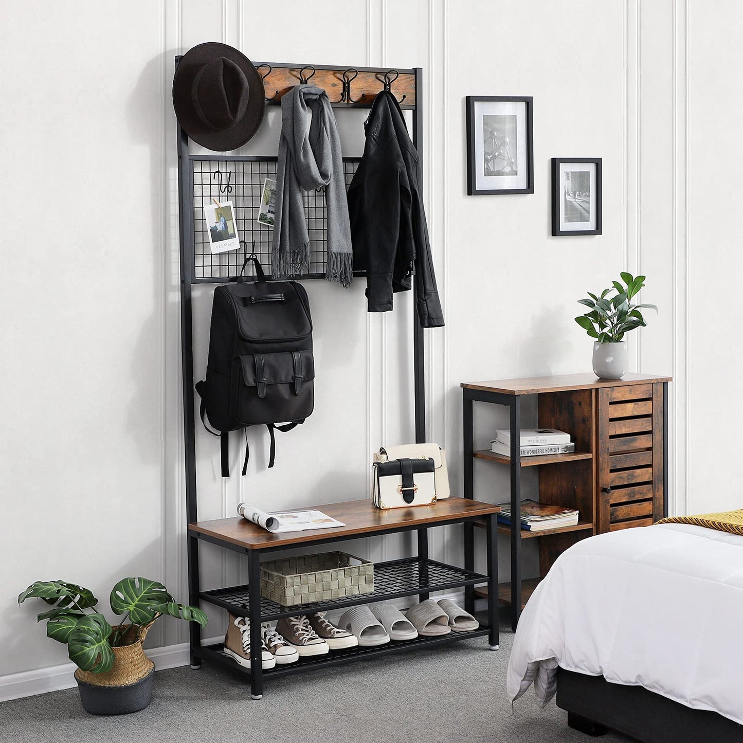 VASAGLE Industrial Coat Rack Stand, Shoe Rack Bench with Grid Memo Board, 9 Hooks and Storage Shelves, Hall Tree with Stable Metal Frame, Rustic Brown UHSR46BX