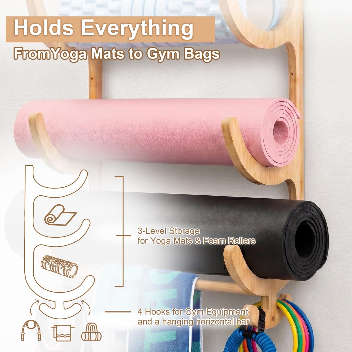 Upgraded 3 Tier Wooden Yoga Mat Holder Wall Mount with Bottom Hanging Bar, Yoga Mat Storage Rack with 4 Multi-Purpose Hooks, Foam Rollers and Resistance Band Hanger for Home Gym or Fitness Class