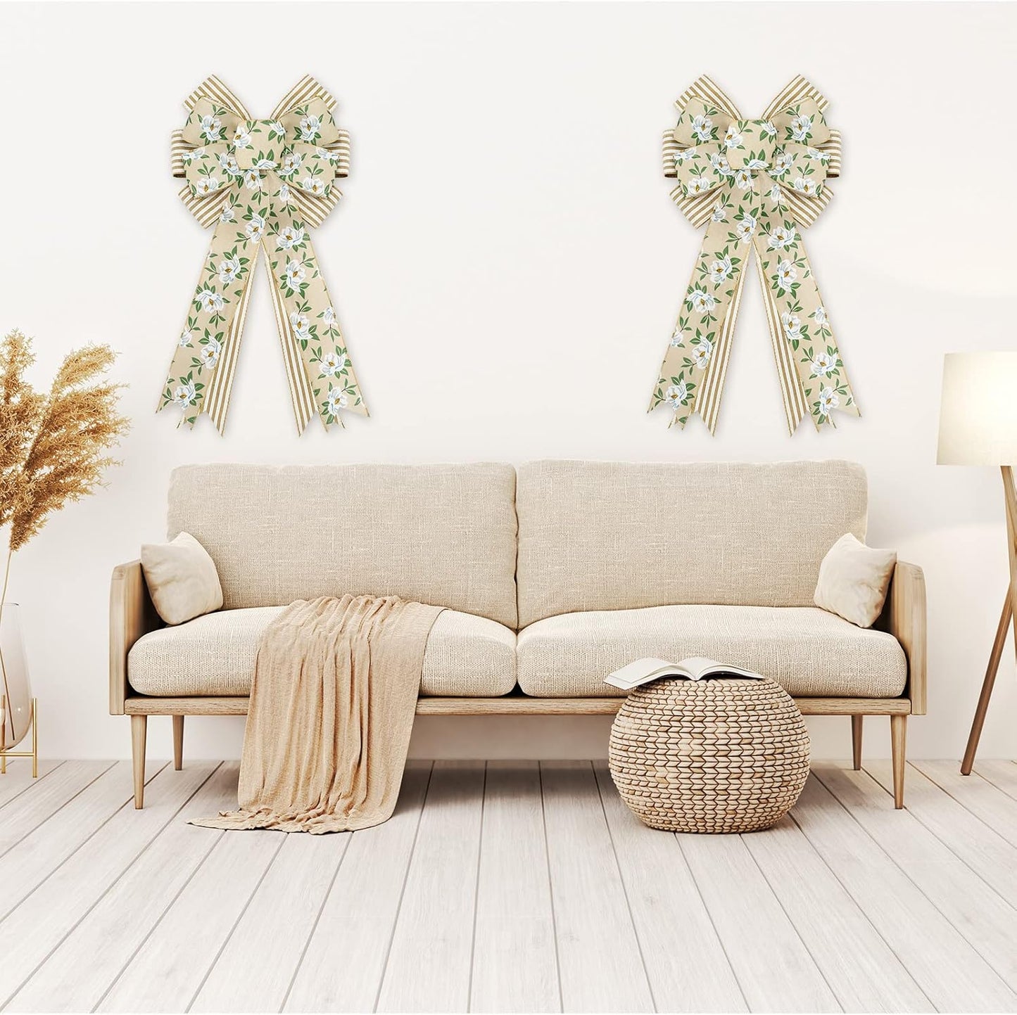 Whaline Spring Magnolia Wreath - Rustic Wired Edge Bow | Large 11 x 21 Inch Floral Decor for Home & Parties
