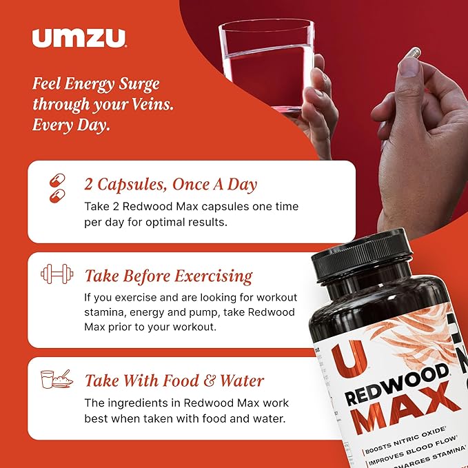UMZU Redwood Max Nitric Oxide Booster, 1-Month Supply ??Advanced Nitric Oxide Supplement with Fitnox Blend, Pine Bark, Resveratrol & Tart Cherry ??Promotes Healthy Circulation, Energy and Recovery