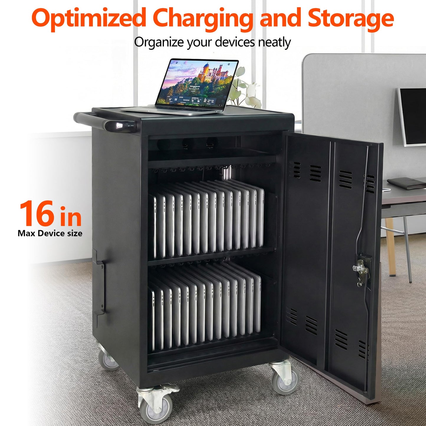 30-Device Mobile Charging Cart with Charging Power Strip and Front and Rear Access Locks, Cable Management, Up to 16.3", Safe Charging Cabinet for Ipads, Chromebooks, Tablets, Laptops Black