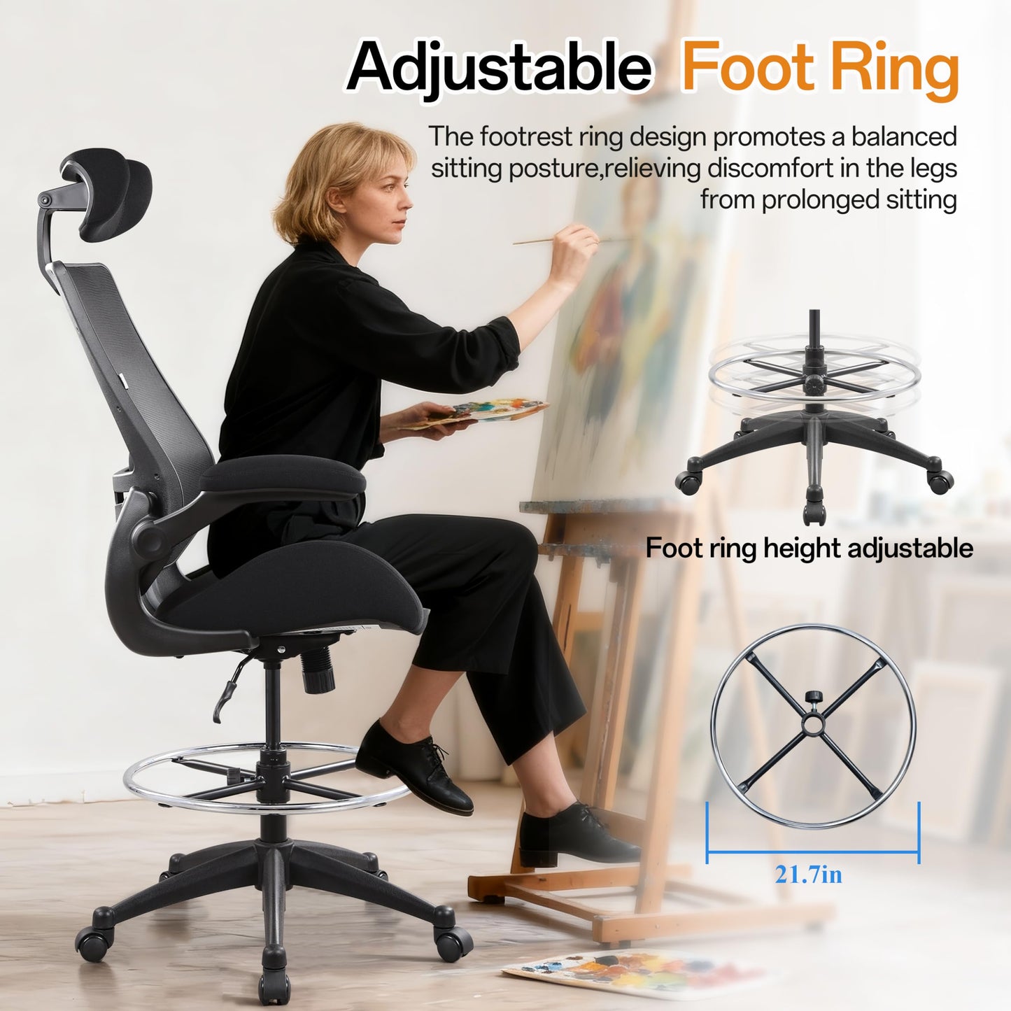 BOLISS Drafting Tall Office Chair 400lbs High Back Wide Standing Desk Chair Comfortable with Flip up Armrests Lumbar Support Adjustable Big Footrest Ring(Black)