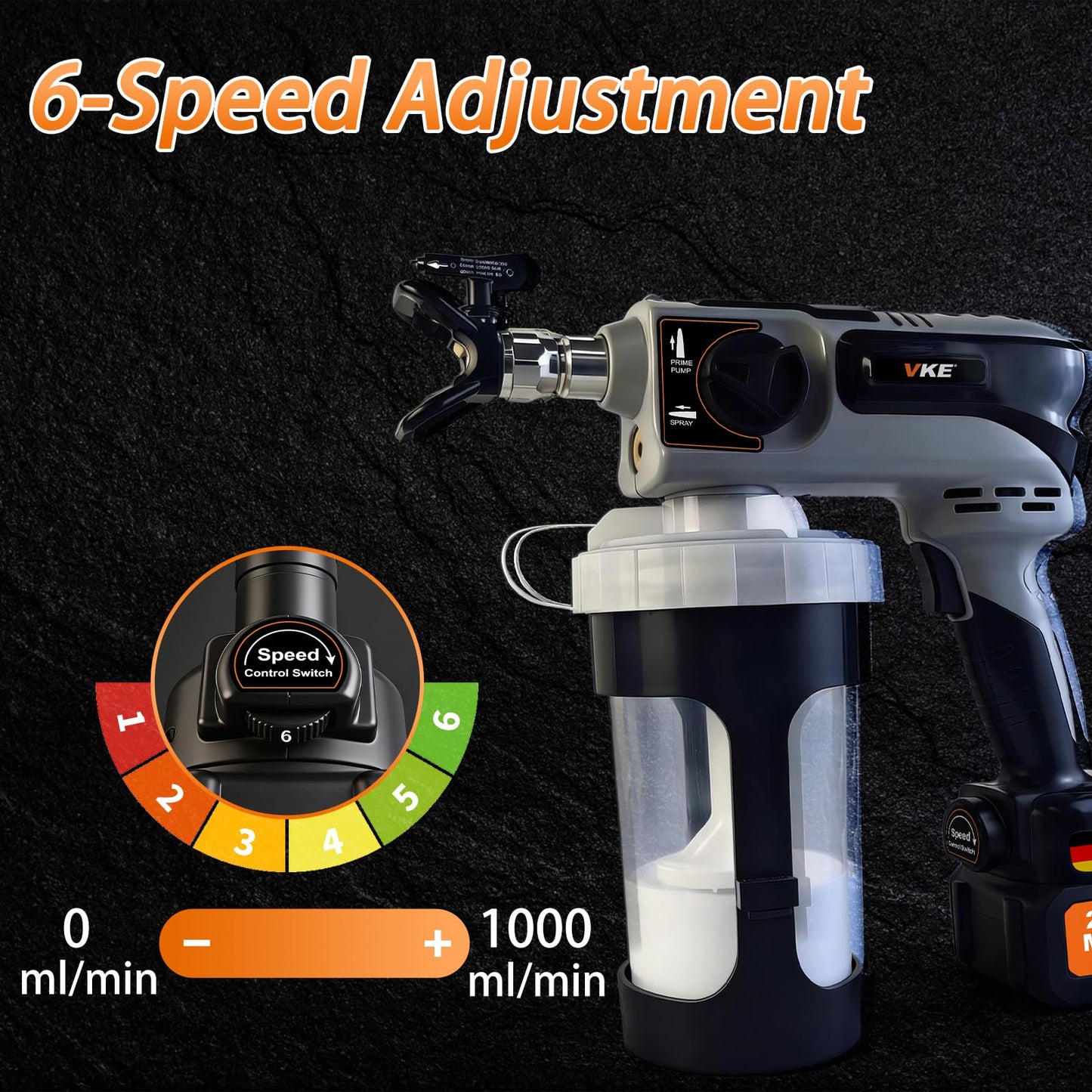 VKE Airless Handheld Paint Sprayer, Airless Sprayer with Battery, 3 × 1300ml Container Easy to Clean, 2 Nozzles and 6 Speed, Airless Paint Sprayer for Painting Walls, Doors, Fences DIY Projects