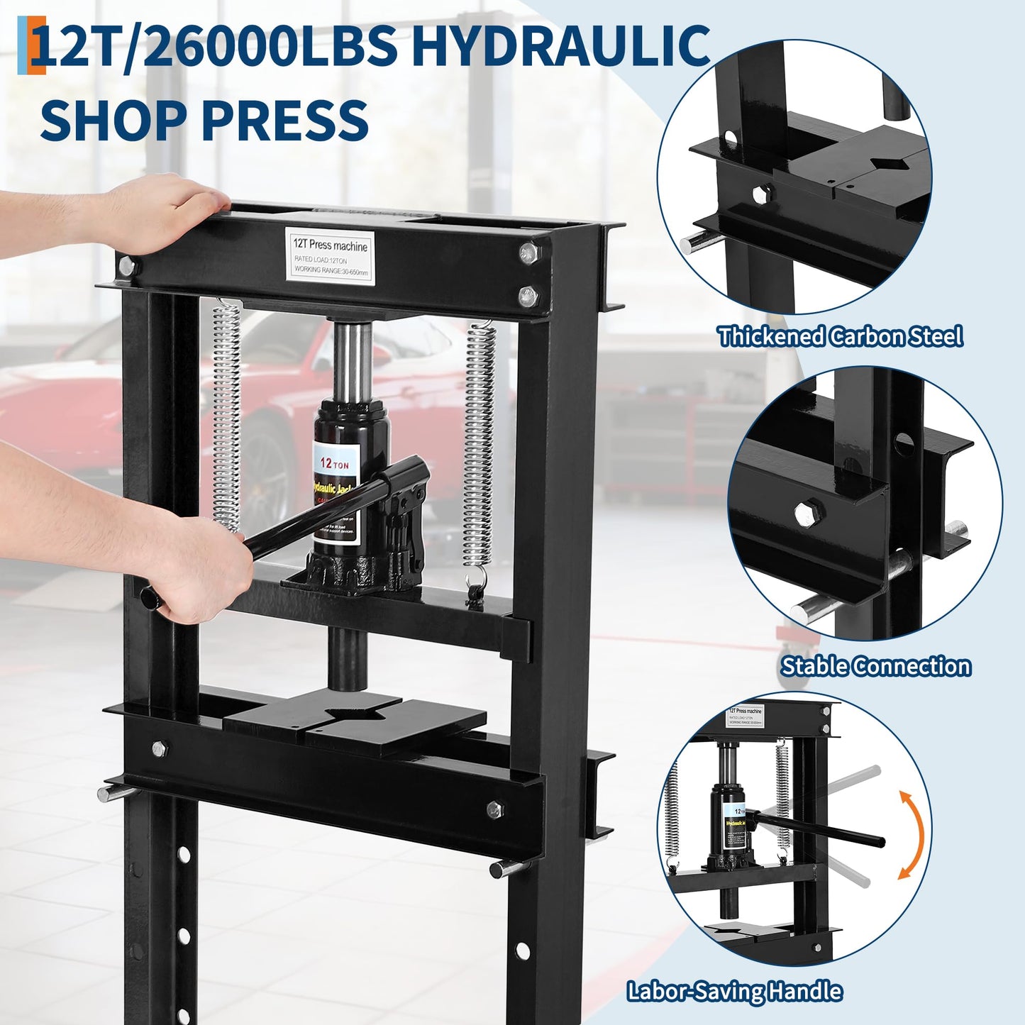 Garvee 12T Hydraulic Press, H-Frame Hydraulic Shop Press with 2 Press Plates, Heavy Duty Garage Floor Shop Press with Adjustable Work Table Height for U-Joints, Black