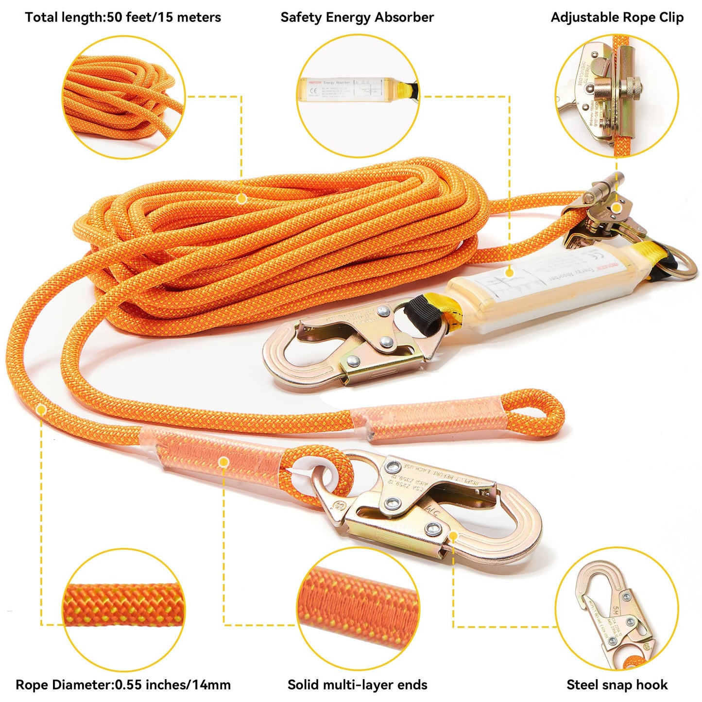WXYSYHR Fall Protection Safety Rope 50FT Roofing Harness Safety Lanyard Tree Climbing Line Kit with Alloy Steel Grab Snap Hooks Shock Absorber Heavy Duty Roof Safety Equipment ANSI CE