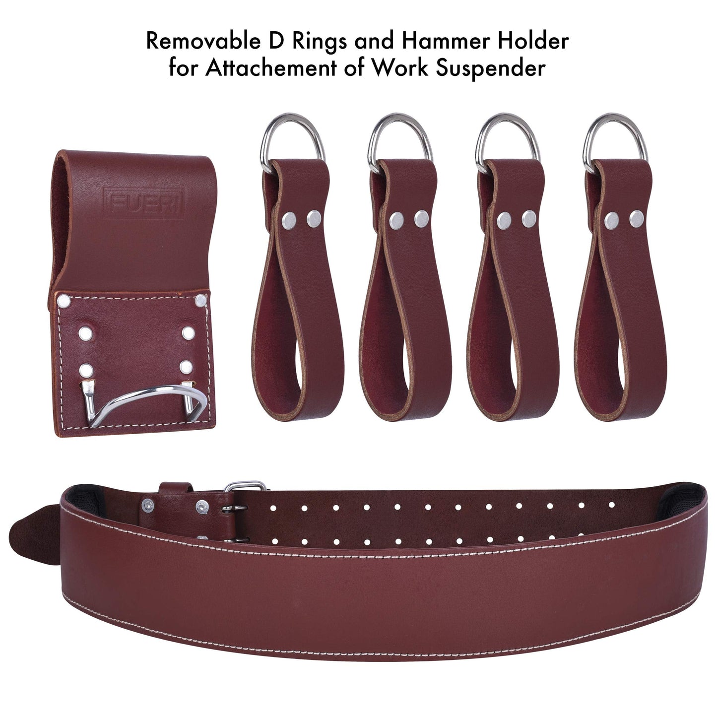 FUERI Full Grain Leather tool belts for men, Heavy-duty Carpenter Tool Rig organizer with 17 Pockets pouches, hammer holder, 4-Suspender loops, and a foam-padded belt for Framers, and Electricians