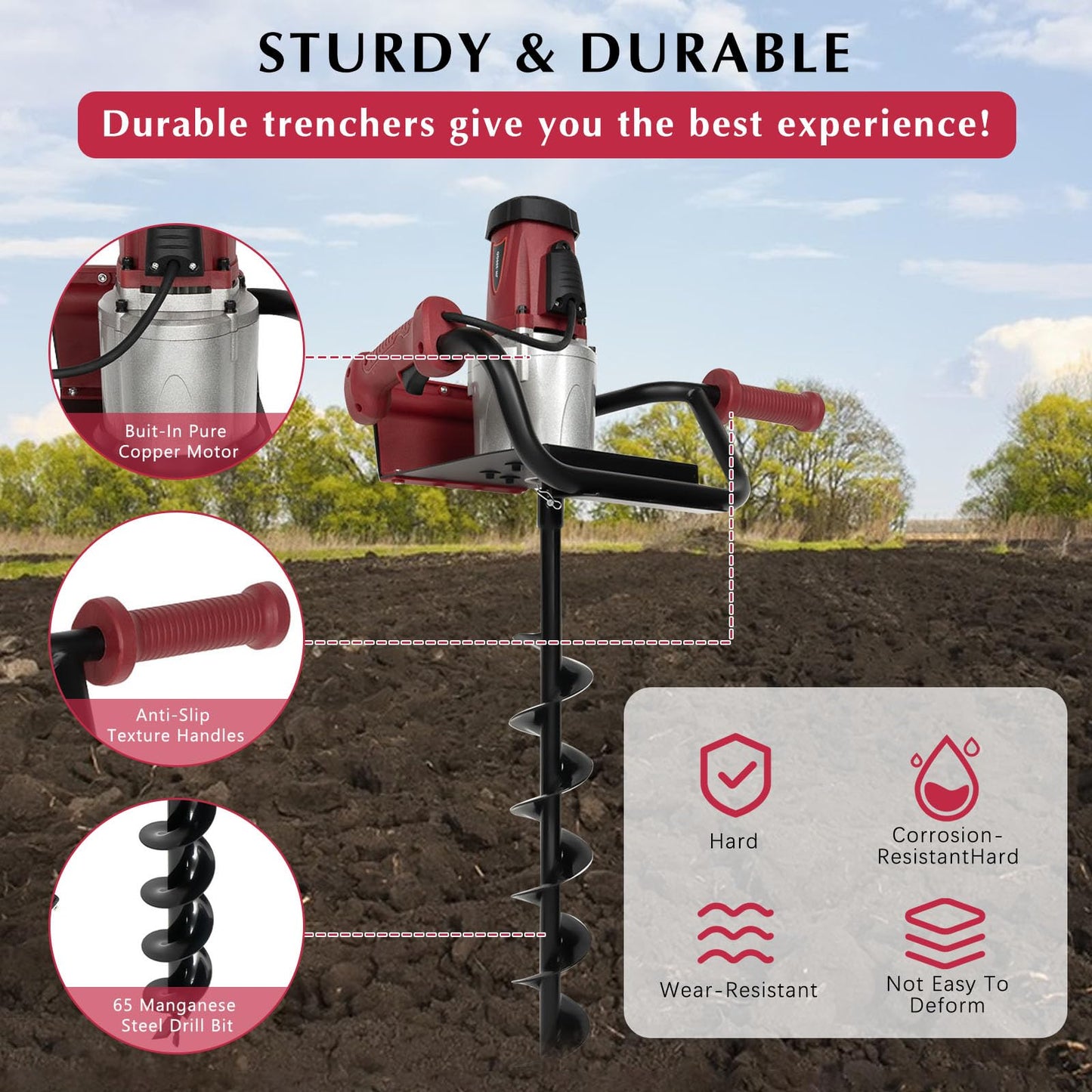 Post Hole Digger 1500W Earth Auger Hole Digger Electric Post Hole Digger w/4" & 6" Auger Bits Set for Fence Garden Farm Plant