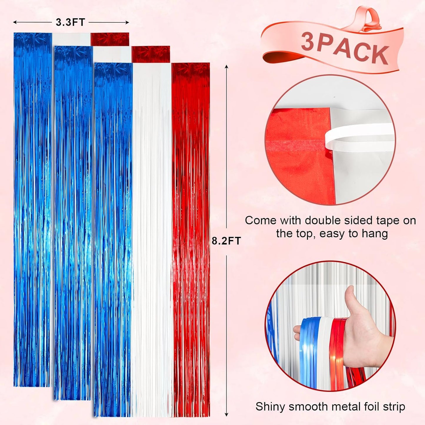 Voircoloria Red, White & Blue Foil Fringe Backdrop Curtains - 3 Pack Tinsel Streamers for Patriotic Celebrations