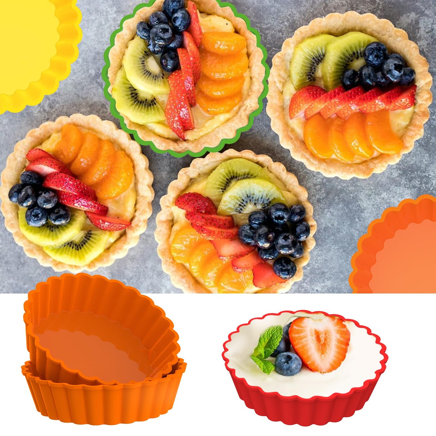 Webake Silicone Mini Tart Pan 4 Inch Non-stick Mini Quiche Molds Small Pie Baking Pan Tart Molds for Baking, Pack of 8
