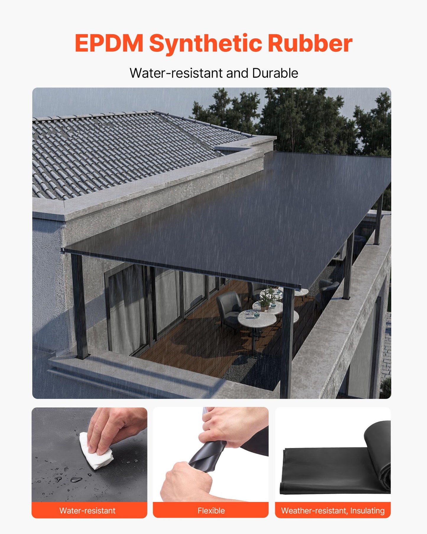 VEVOR Roll Roofing, 30 x 40 ft, 45 mil EPDM Rubber Roofing, Long Lifespan & Weather-Resistant, Withstands Harsh Temperatures, Flexible & Easy Installation, Roof Underlayment for RVs, Roofs, Ponds