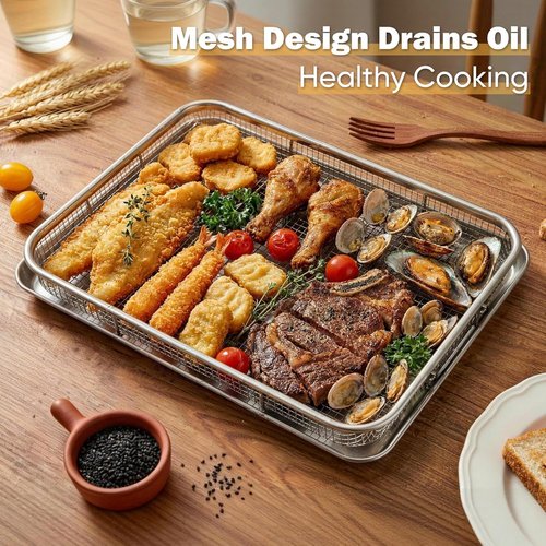 E-far Air Fryer Basket - Large 16” x 12” Stainless Steel Crisper Tray for Healthy Cooking | Dishwasher Safe