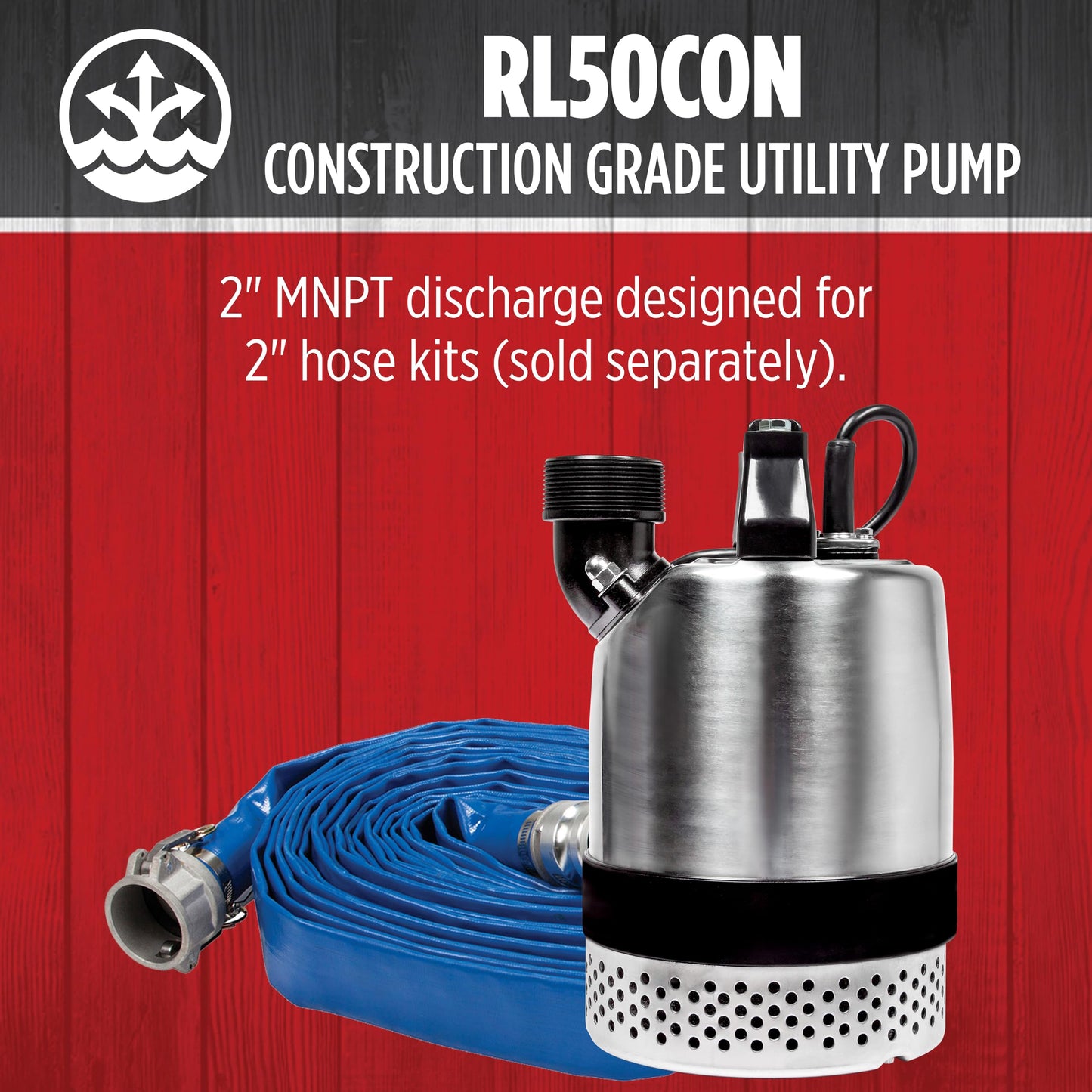 Red Lion RL50CON 115 Volt, 1/2-HP, 3600 GPH Heavy-Duty Stainless Steel Manual Submersible Utility Pump with 20-Foot Power Cord, Steel, 14942722