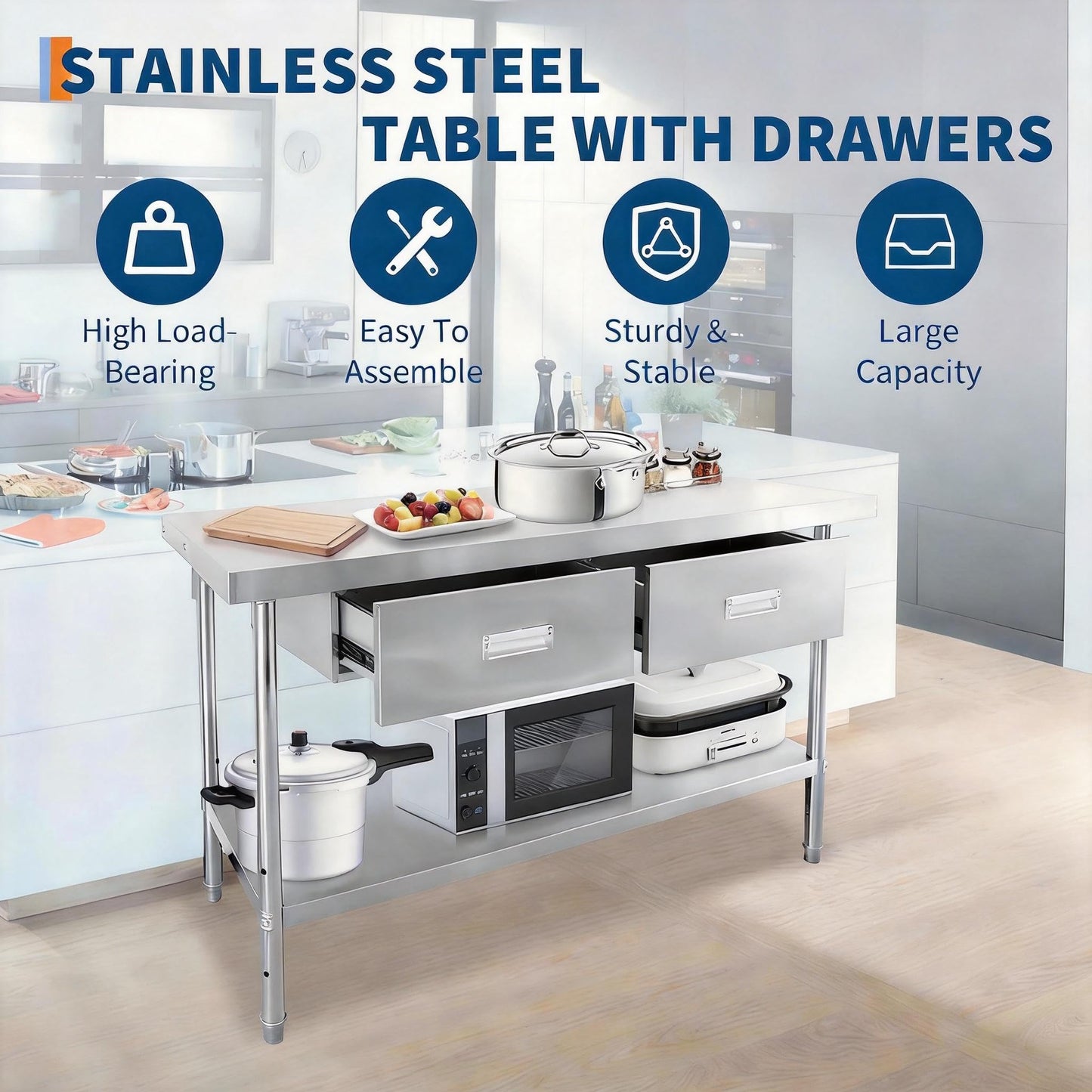Stainless Steel Table with Drawers, 48" X 24" Heavy Duty Commercial Work & Prep Table with Adjustable Undershelf, Work Tables Workbench for Home Restaurant Kitchen Bar Hotel Garage